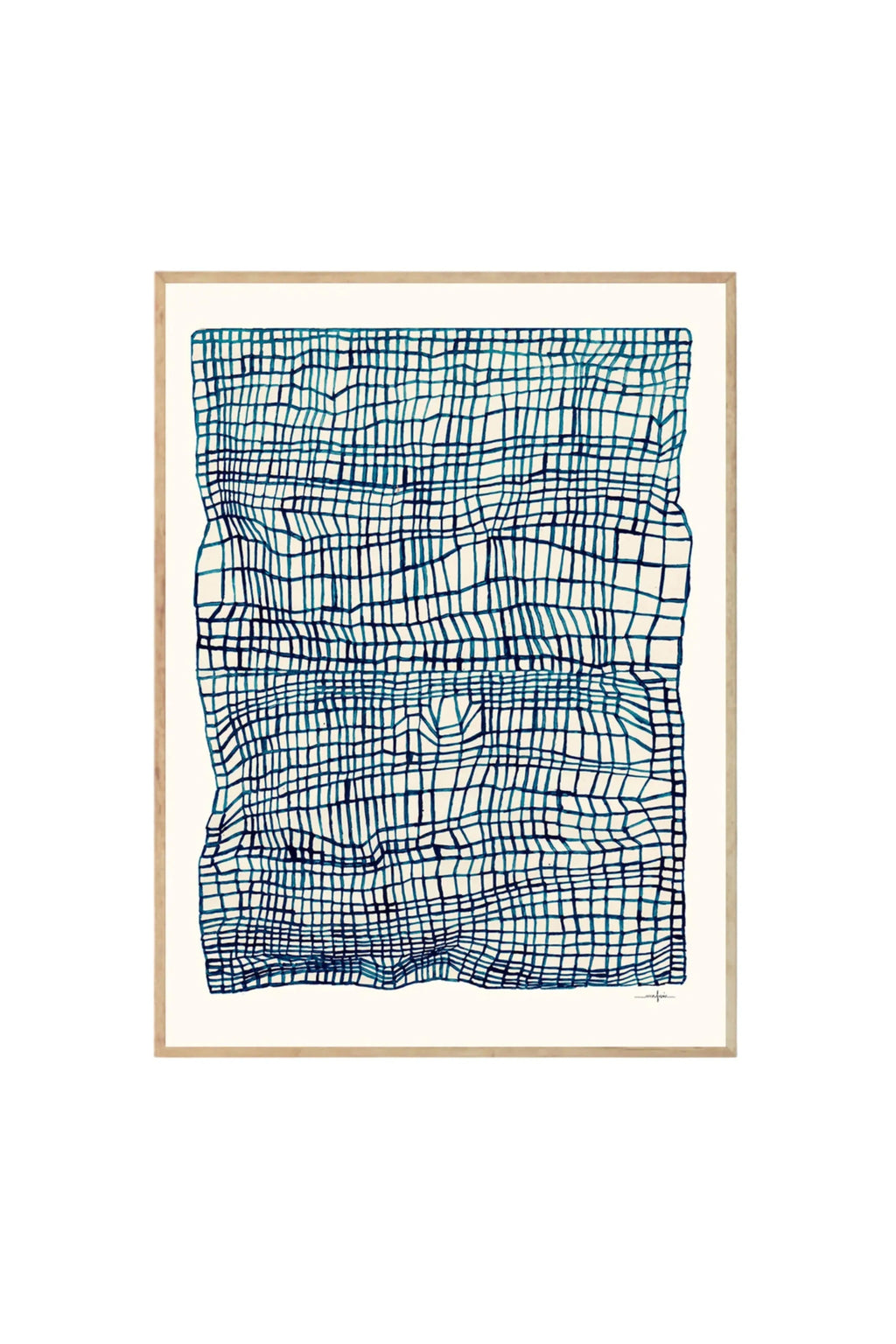 The Poster Club Sketchbook - Art Print, featuring an abstract grid pattern in varying shades of deep blue and teal on a cream background, framed in light natural wood. This modern wall art poster is ideal for contemporary home decor enthusiasts.