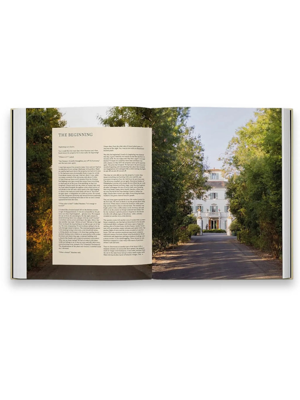Book Slow Food, Fast Cars, a hardcover coffee table book displaying an open spread with an image of a long, tree-lined driveway leading to a grand, classic white Italian villa with green shutters. The facing page features elegant serif text titled "THE BEGINNING." This premium book is perfect for readers interested in luxury travel, Italian architecture, or inspiring lifestyle content.