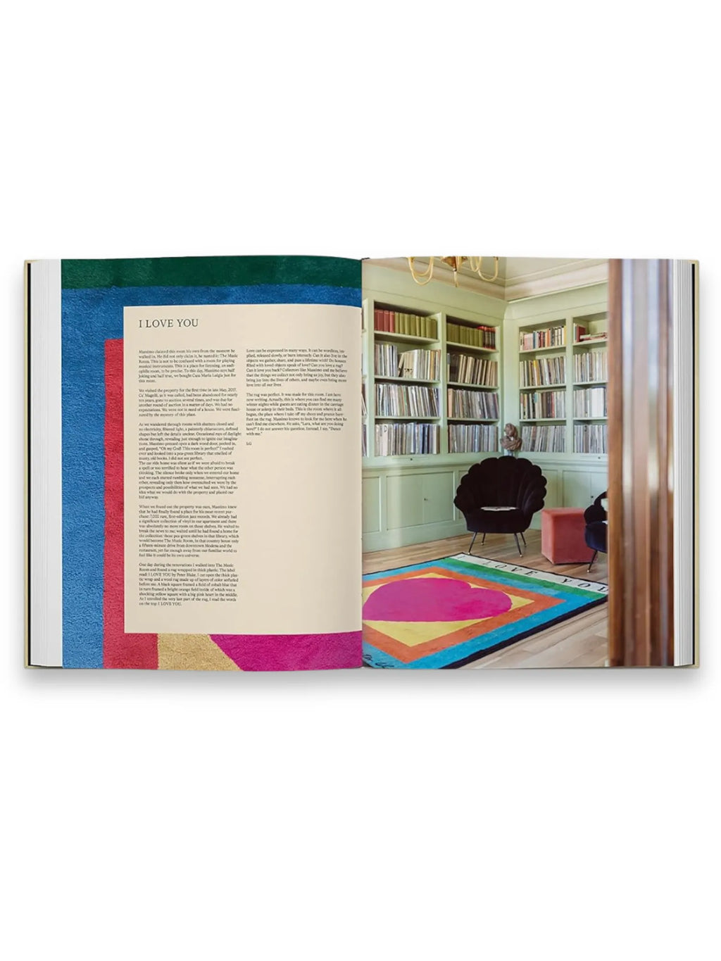 Book Slow Food, Fast Cars, featuring an open spread with an article titled "I LOVE YOU" and a vibrant image of a modern living room. The room showcases a light green bookshelf filled with books and vinyl records, a black velvet scalloped armchair, and a colorful "I LOVE YOU" rug with a pink heart design. This premium coffee table book offers engaging content for interior design enthusiasts and collectors of unique home decor ideas.