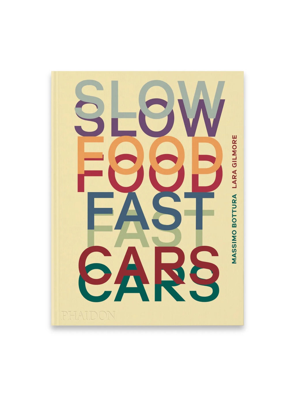 Book Slow Food, Fast Cars, a vibrant hardcover cookbook featuring an abstract text design with overlapping letters in various colors like purple, orange, teal, and maroon on a textured cream background. This unique culinary book is perfect for gourmet food lovers and car enthusiasts who appreciate innovative cooking and design.