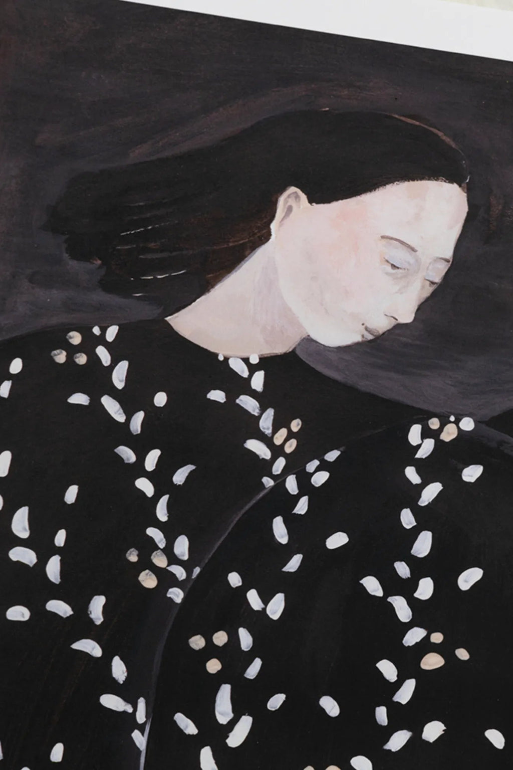 The Poster Club Mirror Mirror, a contemporary art print featuring an expressive portrait of a woman with her head bowed and eyes closed, rendered in soft pale skin tones against a deep black background. Her dark clothing is adorned with abstract, irregular white and light beige spots, creating a textured, almost dreamlike quality. This modern minimalist wall art is ideal for adding a melancholic yet sophisticated touch to contemporary living rooms, bedrooms, or gallery walls.