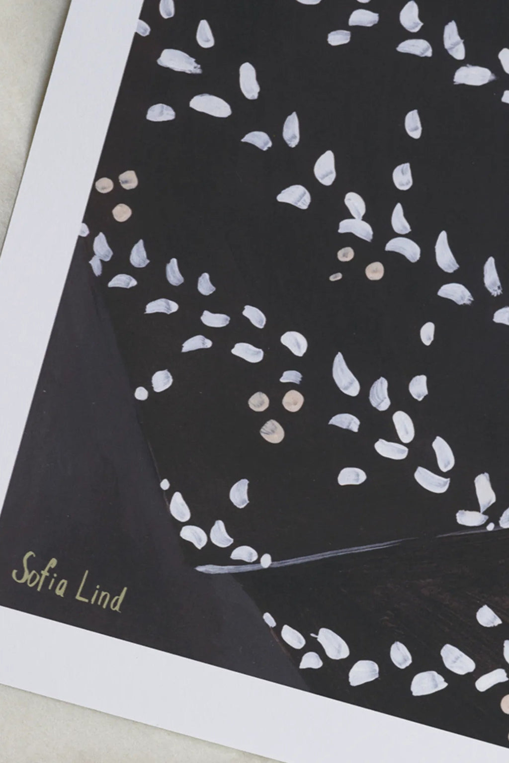 The Poster Club Mirror Mirror, an abstract art print by Sofia Lind, features organic white and light beige brushstrokes scattered across a deep black background with a subtle dark, textured surface, mimicking a reflective.
