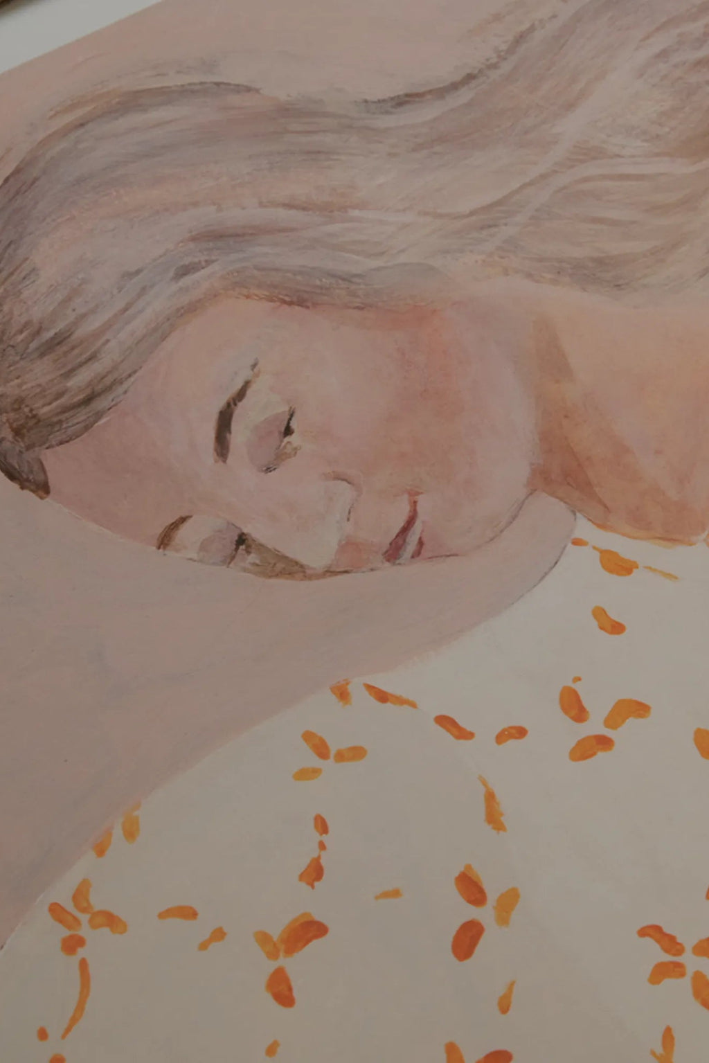 The Poster Club Secret Notes, a contemporary art print featuring a tranquil watercolor illustration of a sleeping woman with soft blonde hair and muted peach skin tones, resting on a white blanket adorned with delicate orange floral accents. This peaceful minimalist figurative poster is perfect for creating a calming atmosphere in a modern bedroom, nursery, or serene living space.