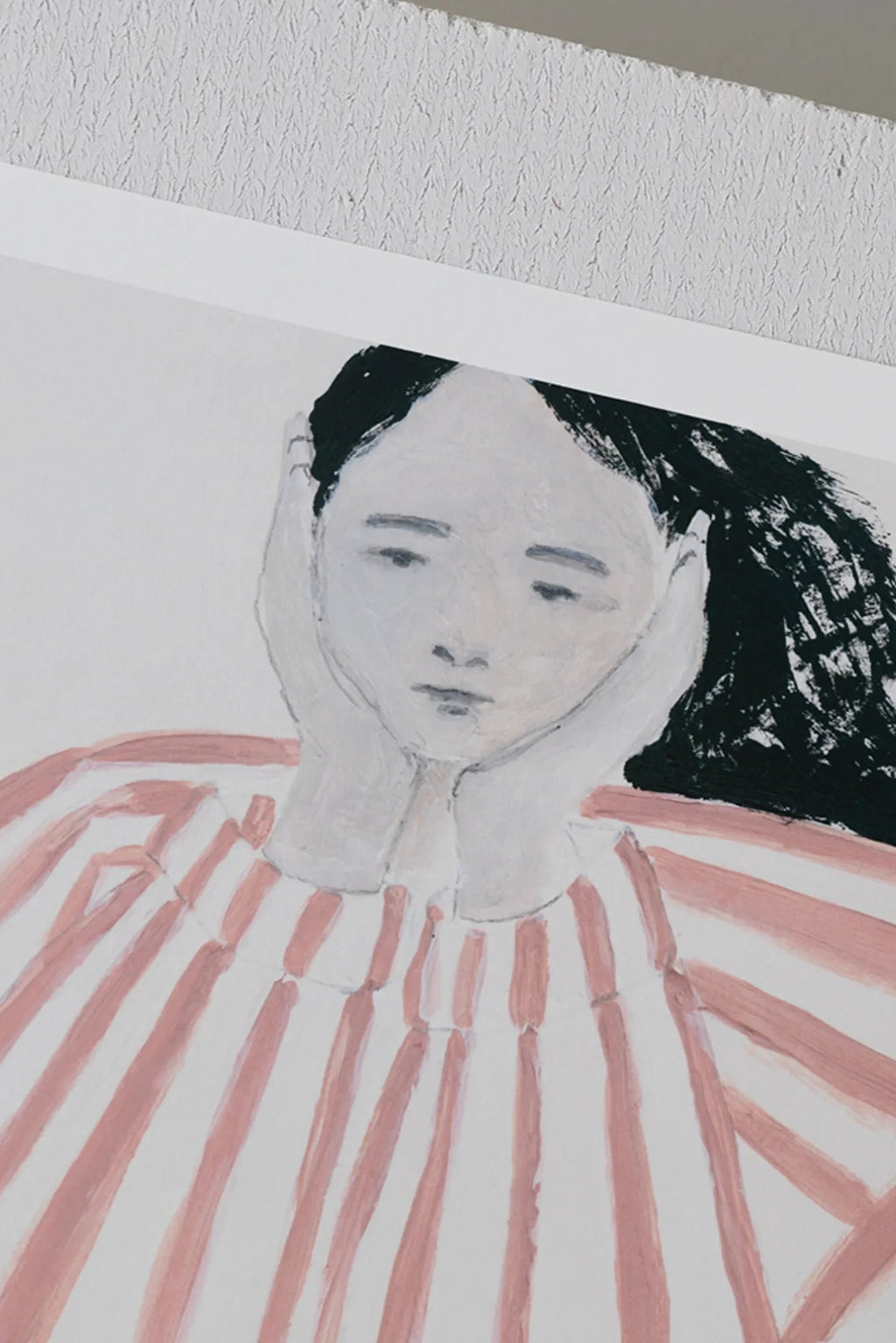 The Poster Club Still Waiting, a contemporary abstract figurative art print depicting a pensive woman with visible brushstrokes and a minimalist aesthetic.