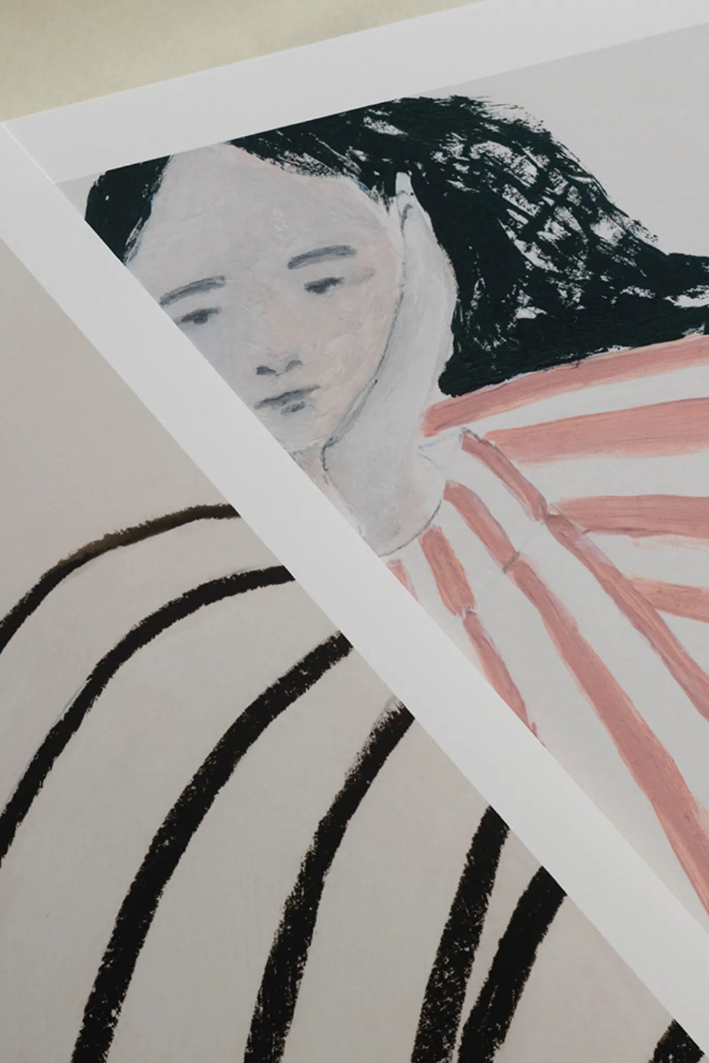 The Poster Club Still Waiting, a contemporary abstract portrait art print featuring a woman with dark, expressive brushstroke hair and pale skin tones, wearing a striped garment. The artwork showcases bold black stripes on one side and soft pink/peach stripes on the other, creating a striking visual contrast on the off-white background with a minimalist aesthetic. Perfect for modern wall art in living rooms, bedrooms, or as a thoughtful addition to a gallery wall.