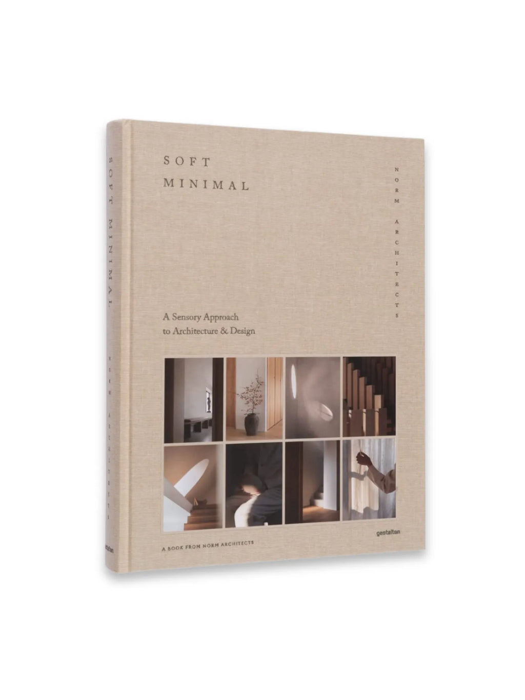 Book Soft Minimal – By Norm Architects, a beige linen-bound hardcover architectural design book with "SOFT MINIMAL" in dark text and a grid of eight minimalist interior photos on the front cover. This premium coffee table book offers inspiration for interior designers, architects, and home aesthetics enthusiasts.