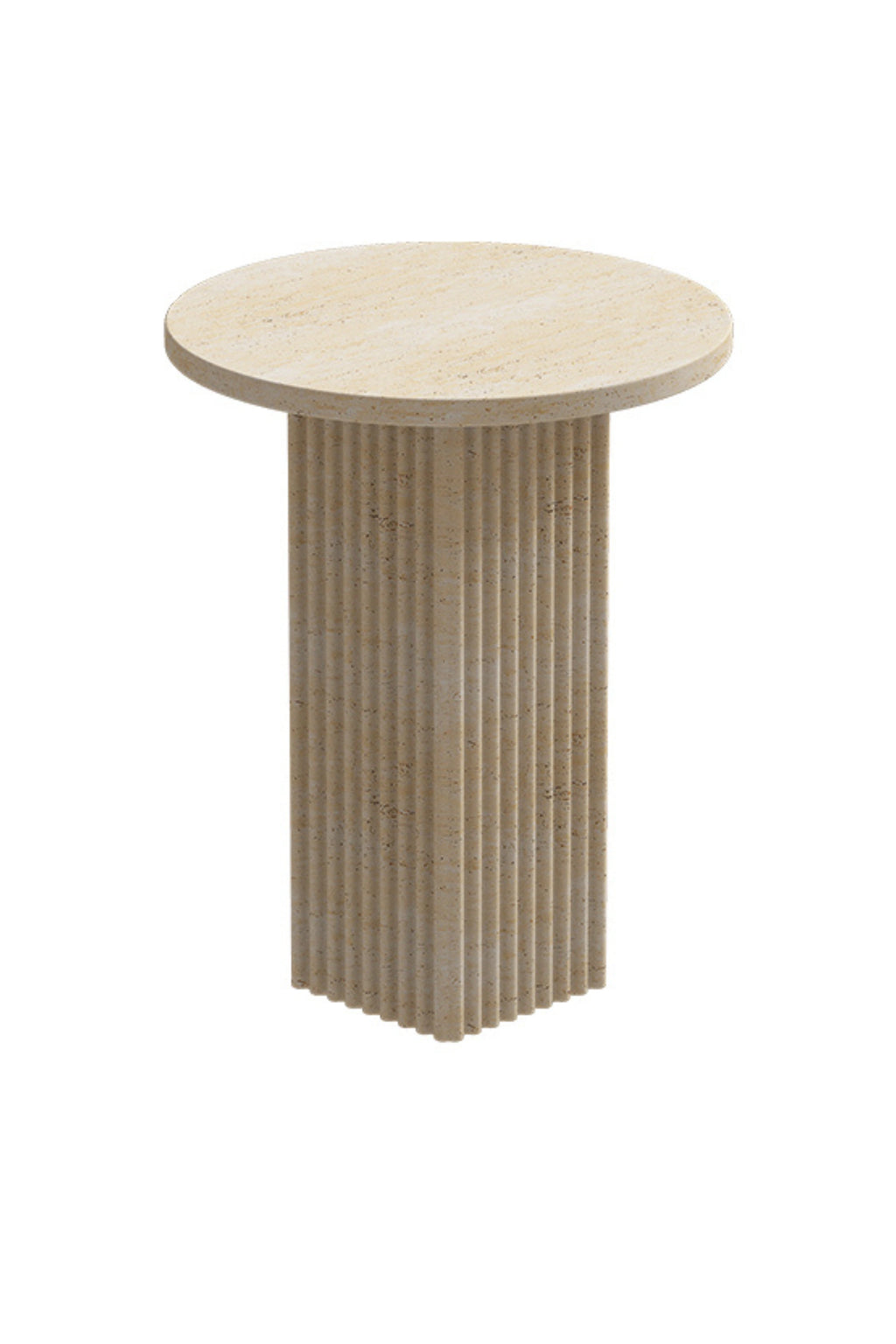 NORR11 Soho Side Table, a striking organic modern side table crafted from natural beige travertine stone with a smooth round tabletop and distinctive porous texture. Its sculptural cylindrical base features elegant vertical fluting, adding a sophisticated reeded detail. This minimalist accent table is perfect for contemporary living rooms, bedrooms, or as a Brutalist-inspired end table.