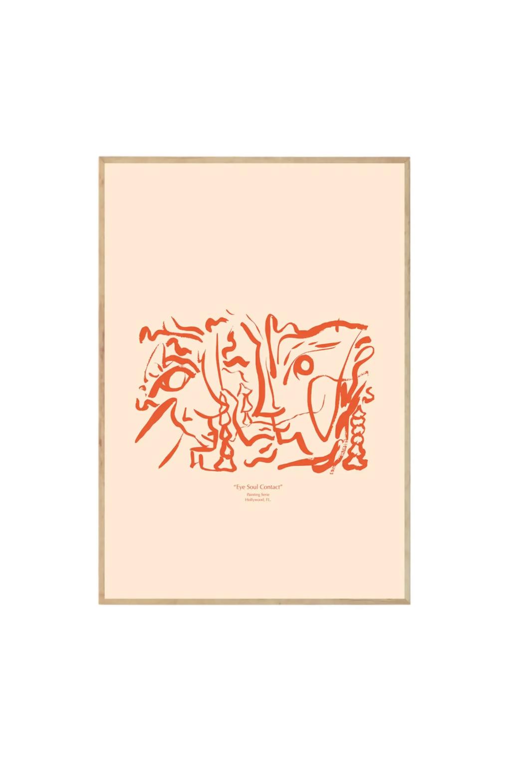 The Poster Club Soul Contact 01 - Art Print, a minimalist abstract poster featuring expressive orange line art faces on a warm beige background, framed in light natural wood. This modern wall art is ideal for those seeking stylish, contemporary decor for their living spaces.
