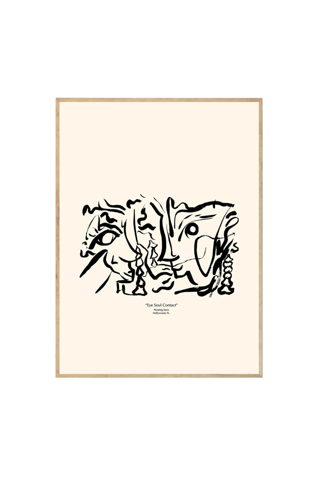 The Poster Club Soul Contact 02 - Art Print, featuring abstract black brushstroke faces on a cream background, framed in light natural wood. This modern wall art is perfect for contemporary home decor enthusiasts.