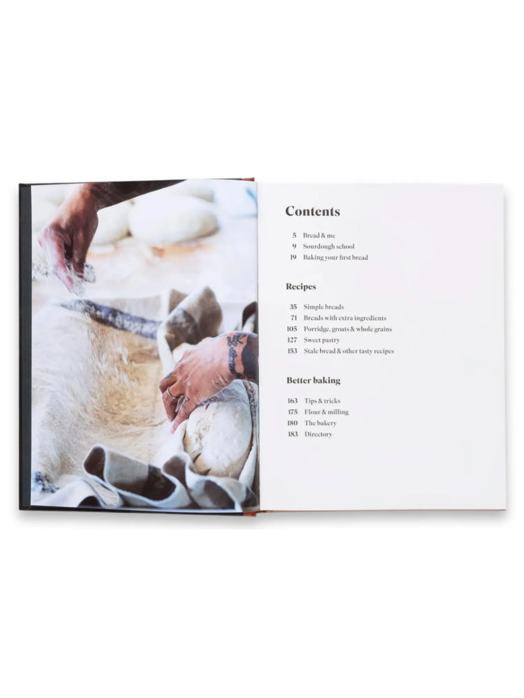 Book Sourdough for All, an open cookbook displaying a detailed contents page on the right, and a vibrant photograph of hands dusting flour over sourdough dough in a proofing basket on the left. This essential baking guide is perfect for aspiring bakers and home cooks looking to master artisanal sourdough bread recipes.