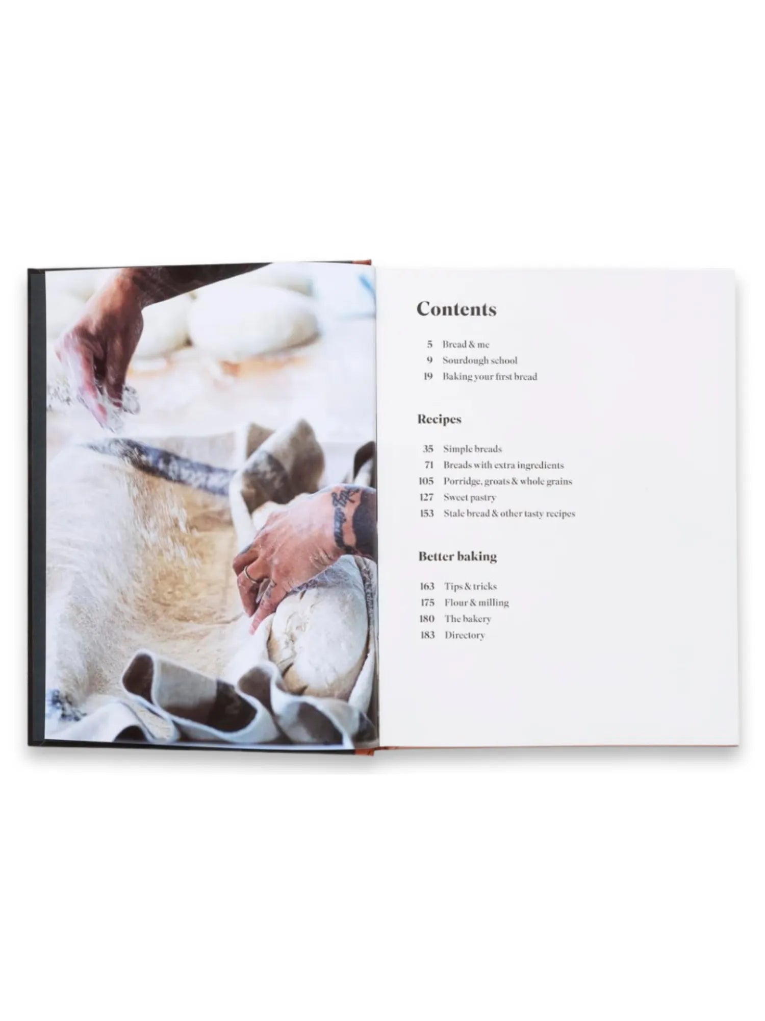 Book Sourdough for All, an open cookbook displaying a detailed contents page on the right, and a vibrant photograph of hands dusting flour over sourdough dough in a proofing basket on the left. This essential baking guide is perfect for aspiring bakers and home cooks looking to master artisanal sourdough bread recipes.