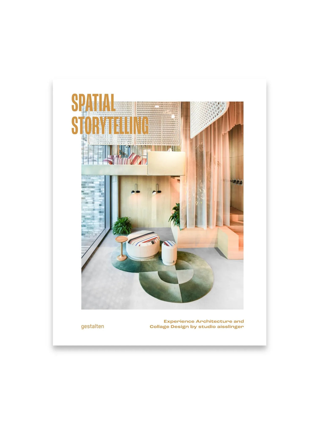 Book Spatial Storytelling, a modern design book cover featuring an interior scene with peach curtains, a green geometric rug, and striped ottomans. This inspiring architecture and interior design book is perfect for professionals and enthusiasts seeking creative spatial concepts.