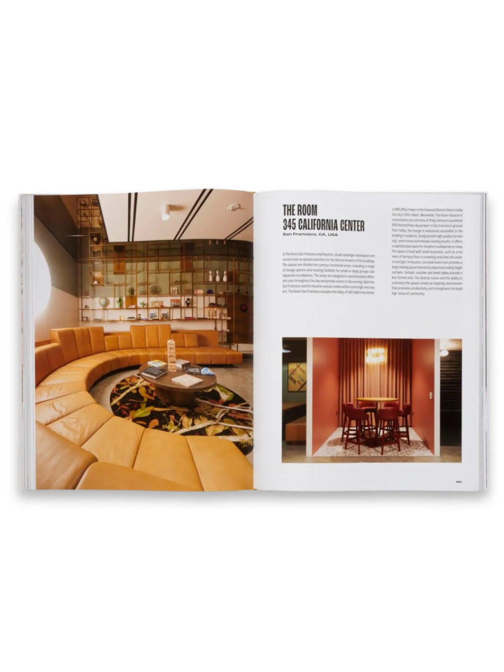 Book Spatial Storytelling, an open book displaying interior design photographs of "The Room 345 California Center." One page features a luxurious curved tan leather sofa around a dark circular coffee table, with a gold-toned shelving unit in the background, while the opposite page shows a vibrant coral-red room with a high-top table and matching bar stools. This insightful interior design book is perfect for architects, designers, and anyone interested in modern spatial concepts and elegant decor.