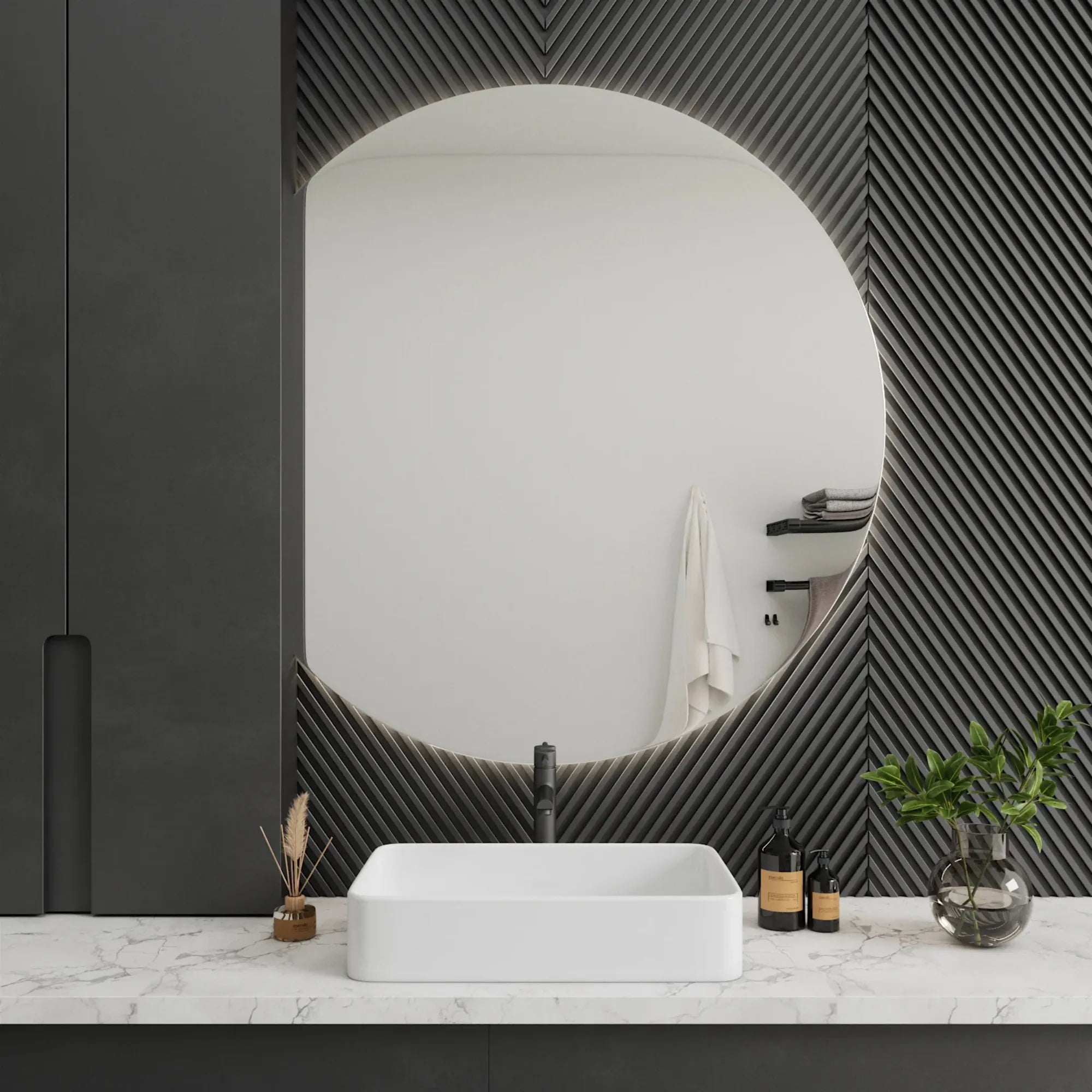  Sleek Half-Moon Mirror With Cool White Lights 