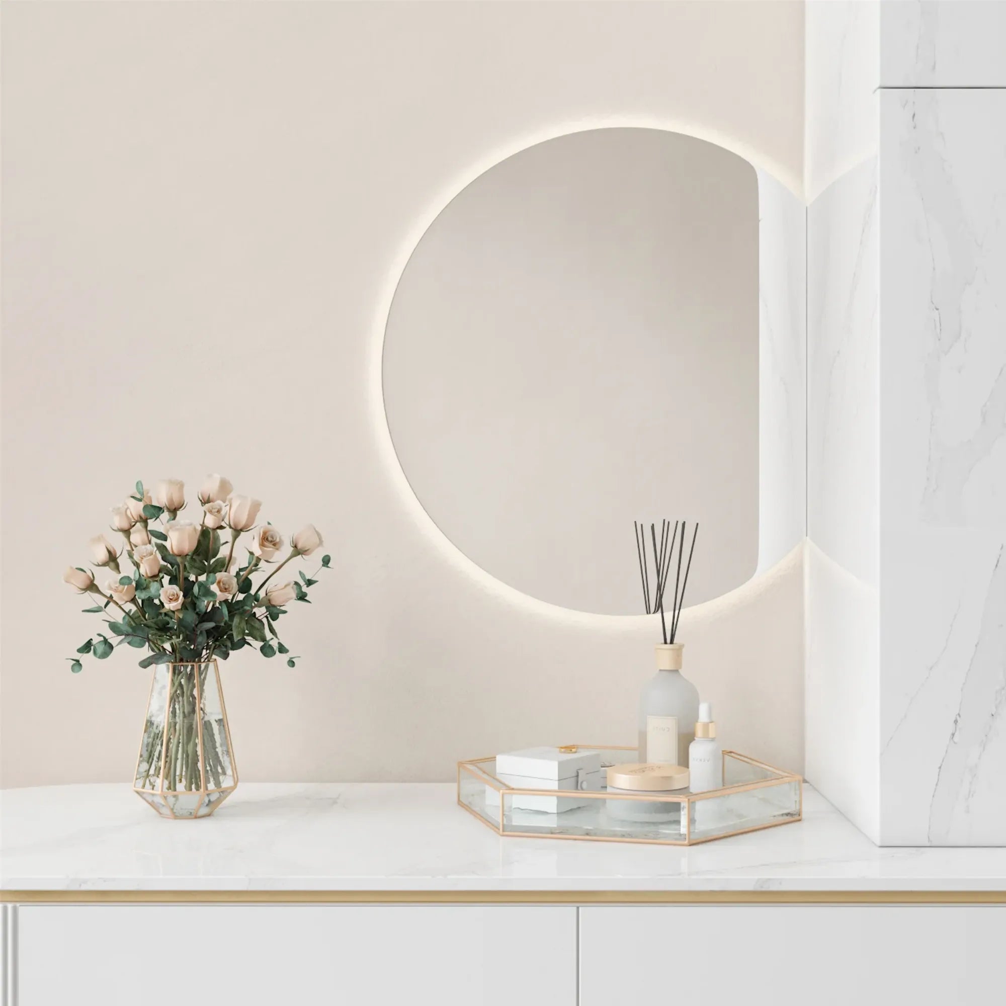  Half-Moon Mirror With Lights in a bedroom setting 