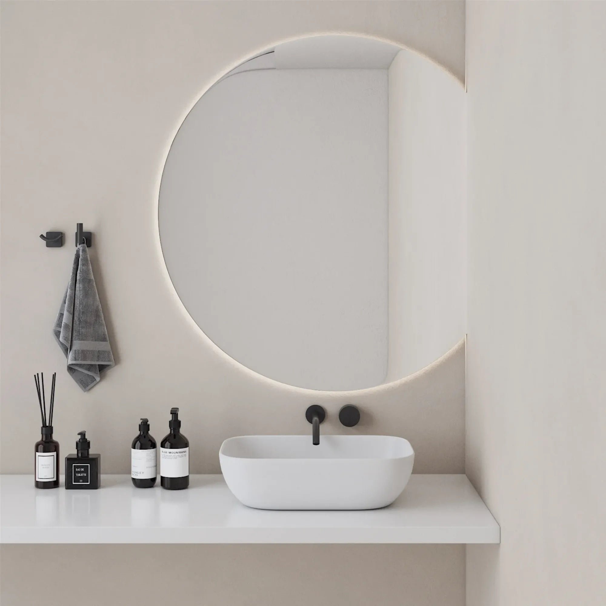  Half-Moon Mirror With Soft Yellow Lights for a cozy ambiance 