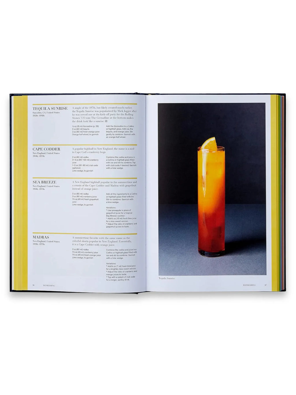 Book Spirited, an open cocktail recipe book featuring a vibrant Tequila Sunrise drink in a tall glass with an orange slice garnish. This essential cocktail guide is perfect for home mixologists and aspiring bartenders looking for classic drink recipes.