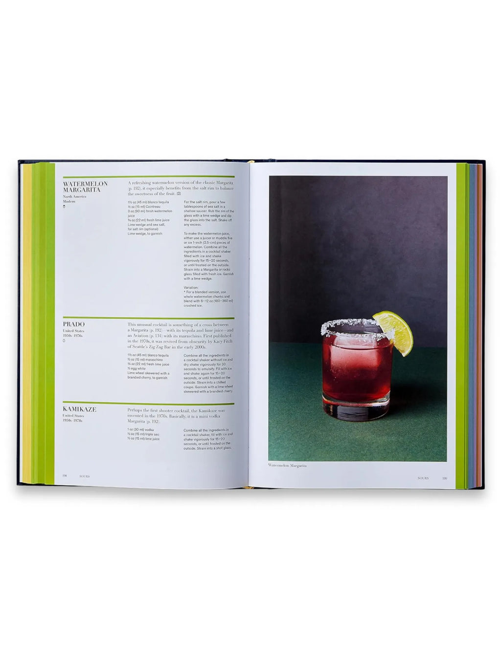 Book Spirited, open cocktail recipe book displaying a vibrant red Watermelon Margarita with a salt rim and lime wedge on a dark green surface. This premium cocktail recipe book is perfect for mixology enthusiasts and home bartenders seeking classic and modern drink inspirations.