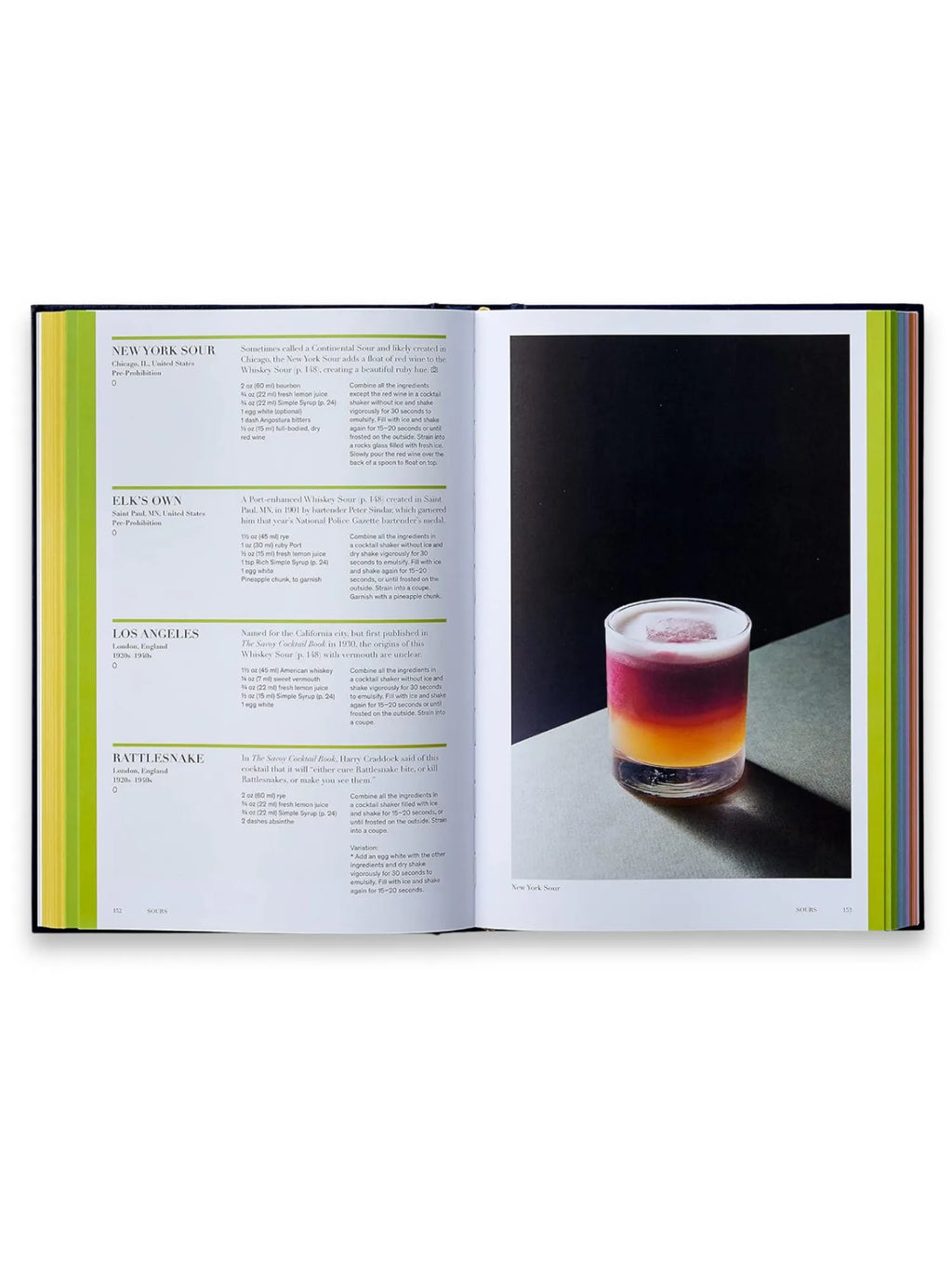 Book Spirited Cocktail Recipe Book, featuring a vibrant New York Sour cocktail with layered red, orange, and yellow hues in a clear glass on the right page, opposite detailed recipe instructions for "New York Sour," "Elk's Own," "Los Angeles," and "Rattlesnake" on the left page, with colorful page markers visible. This premium beverage guide is ideal for aspiring mixologists and home bar enthusiasts seeking classic and creative cocktail recipes.