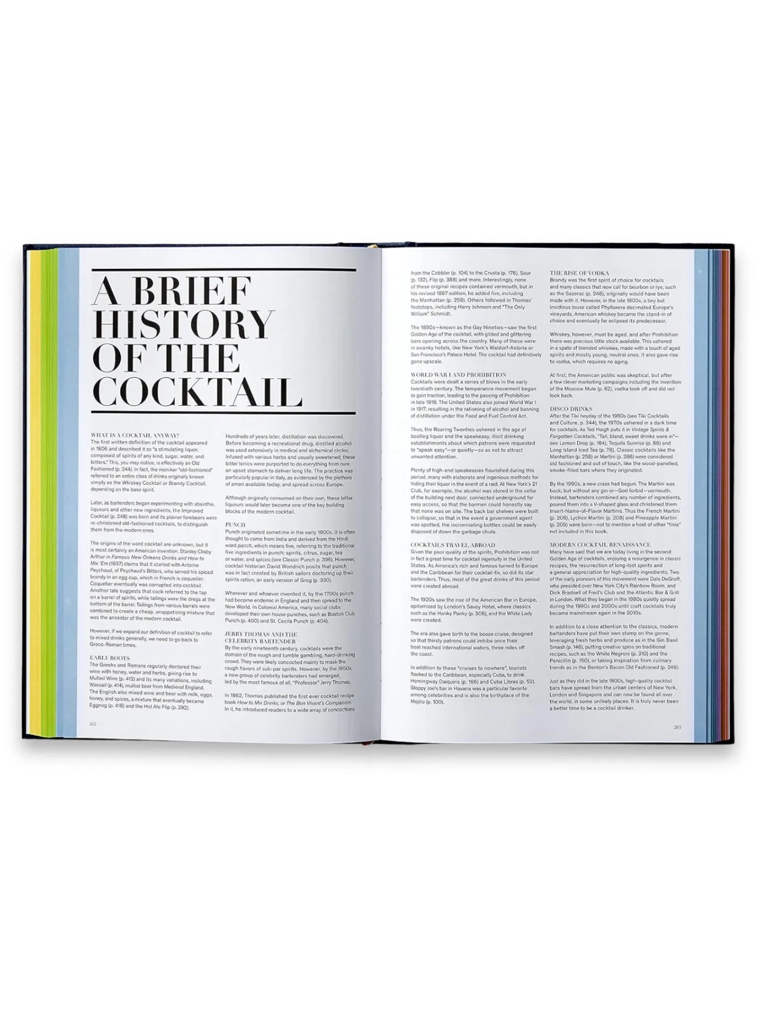 Book Spirited, an open hardcover cocktail recipe book displaying a "Brief History of the Cocktail" chapter with vibrant green and yellow page edges. This comprehensive book is perfect for aspiring mixologists, home bartenders, and cocktail history enthusiasts.
