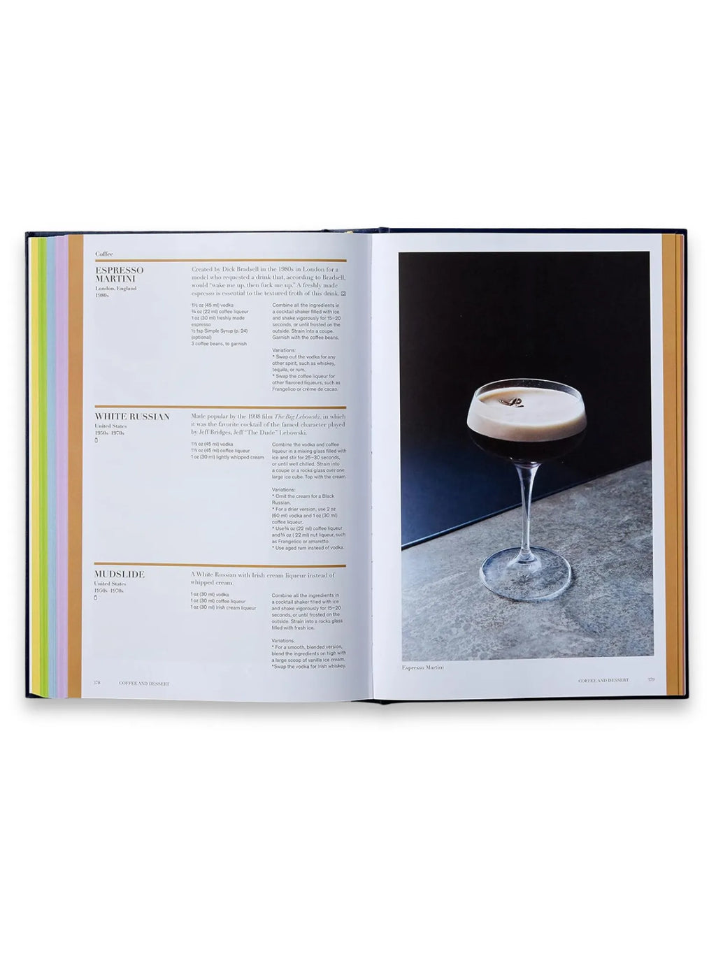 Book Spirited, open cocktail recipe book with a vibrant page featuring an Espresso Martini cocktail on a textured surface. This elegant book is perfect for home mixologists and aspiring bartenders seeking creative drink recipes.