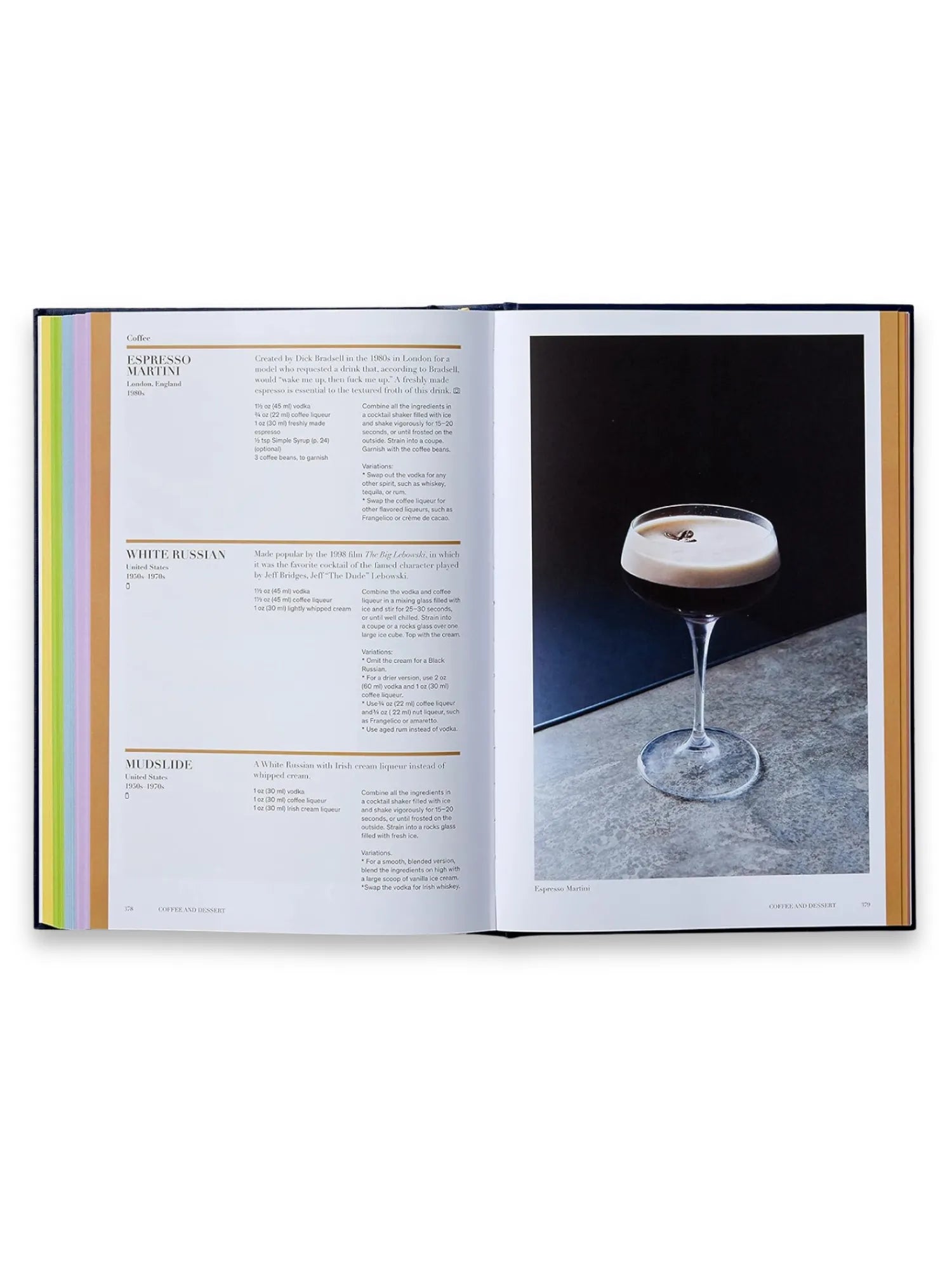 Book Spirited, open cocktail recipe book with a vibrant page featuring an Espresso Martini cocktail on a textured surface. This elegant book is perfect for home mixologists and aspiring bartenders seeking creative drink recipes.