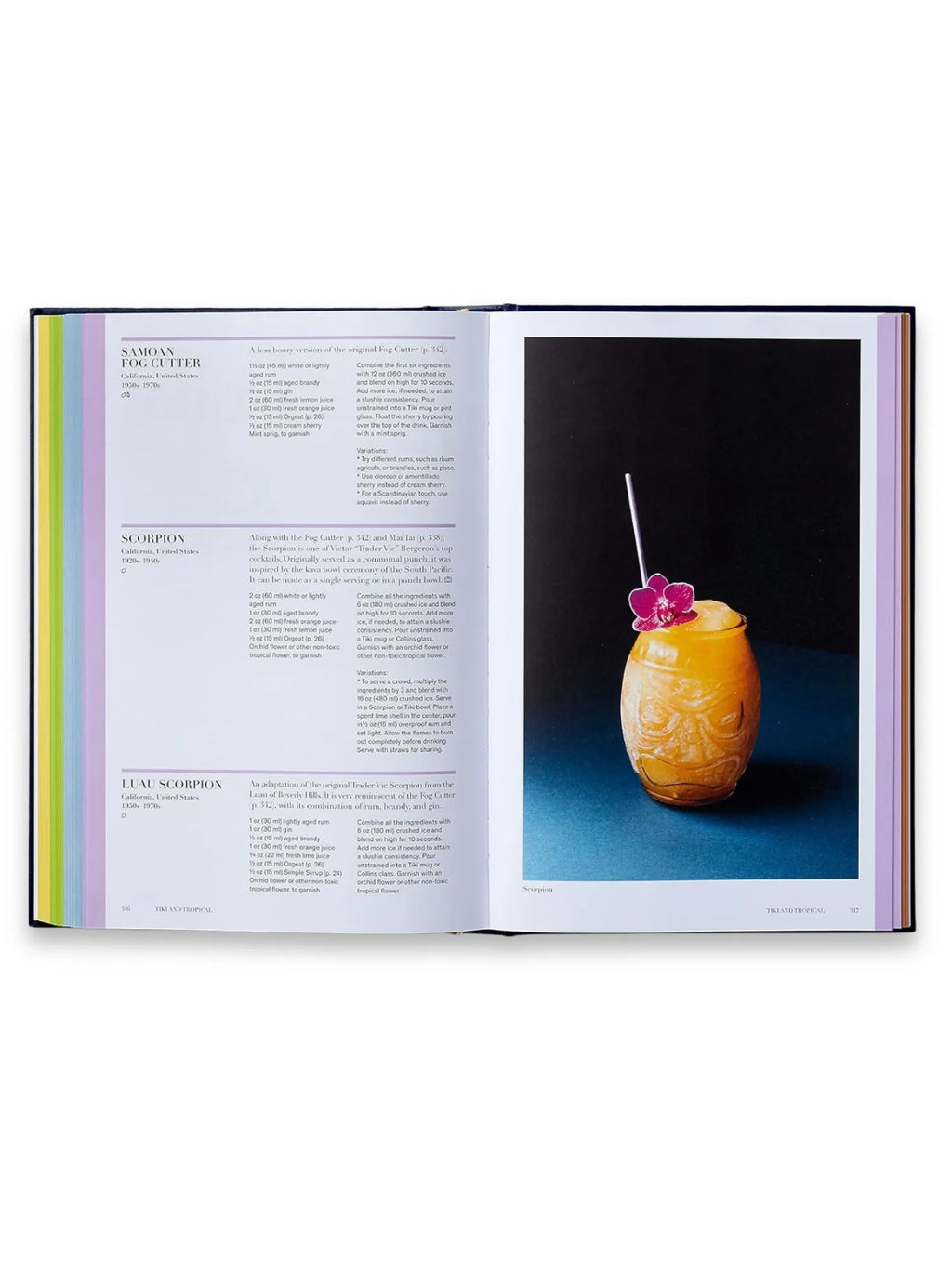 Book Spirited, open hardcover book featuring vibrant cocktail recipes and a full-page photo of a frosty orange tiki drink in an ornate mug, garnished with a purple orchid and straw. This essential cocktail recipe book is perfect for home mixologists and aspiring bartenders.
