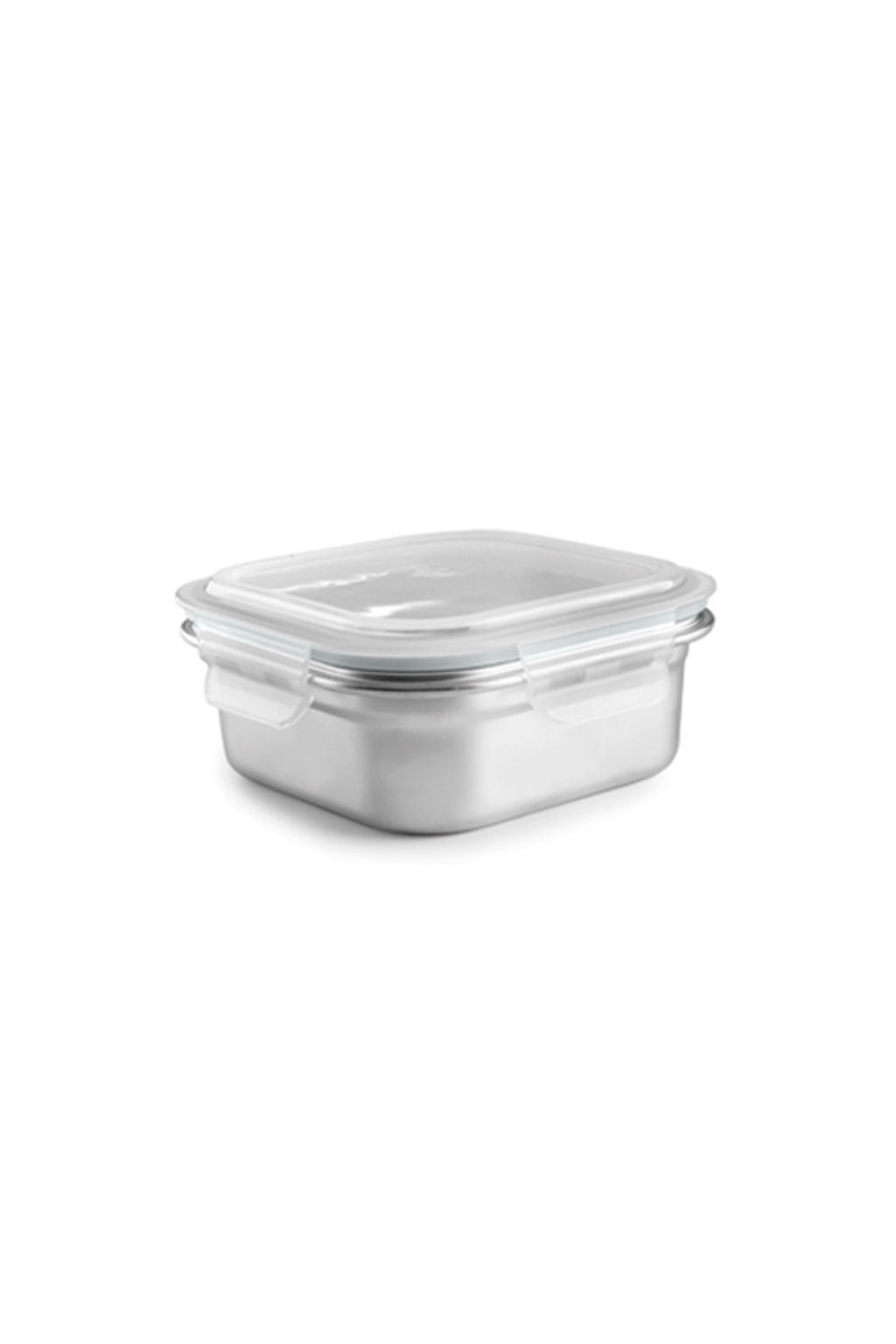 Ibili Stainless Steel Food Container, a rectangular meal prep container featuring a durable brushed stainless steel body and a clear glass lid with secure plastic clip closures and a light green silicone seal. This leakproof and reusable food storage container is ideal for packing lunch, refrigerator storage, or organizing a modern kitchen.