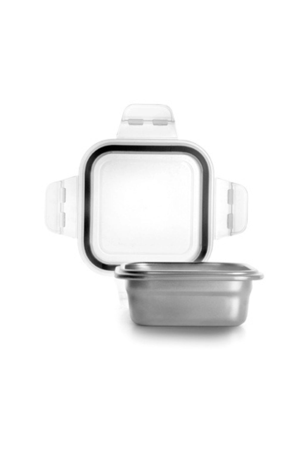 Ibili Stainless Steel Food Container, a durable silver stainless steel base with a square shape and rounded corners, designed for efficient and stackable food storage. It features a transparent clear plastic lid with a black silicone seal and four secure clip-locks for a leakproof design. Perfect as a modern meal prep container or a reusable lunch box for daily use in contemporary kitchens.