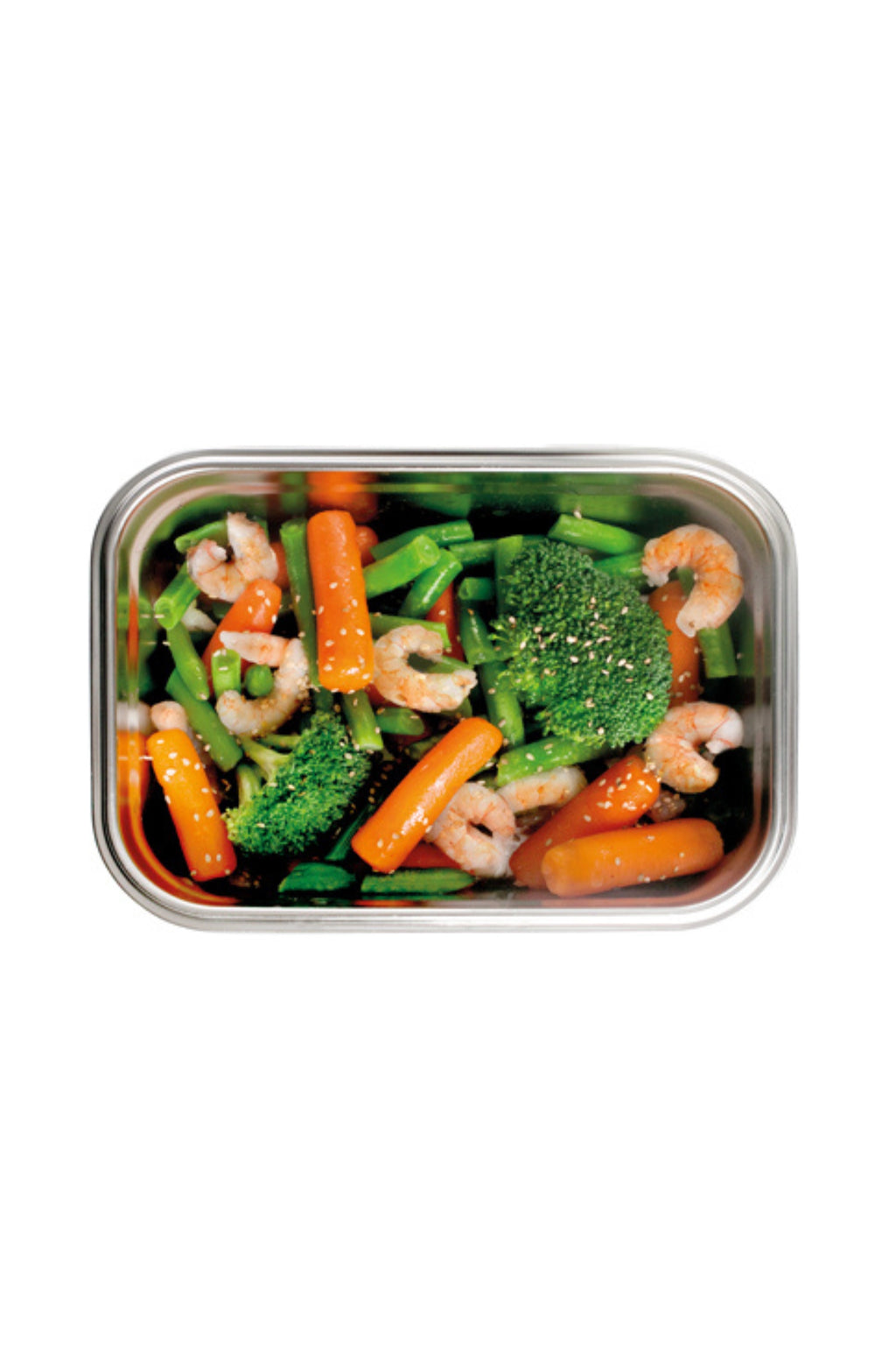 Ibili Stainless Steel Food Container, a sleek, rectangular polished silver metal food storage container with smooth rounded corners, showcasing a healthy and colorful meal prep.