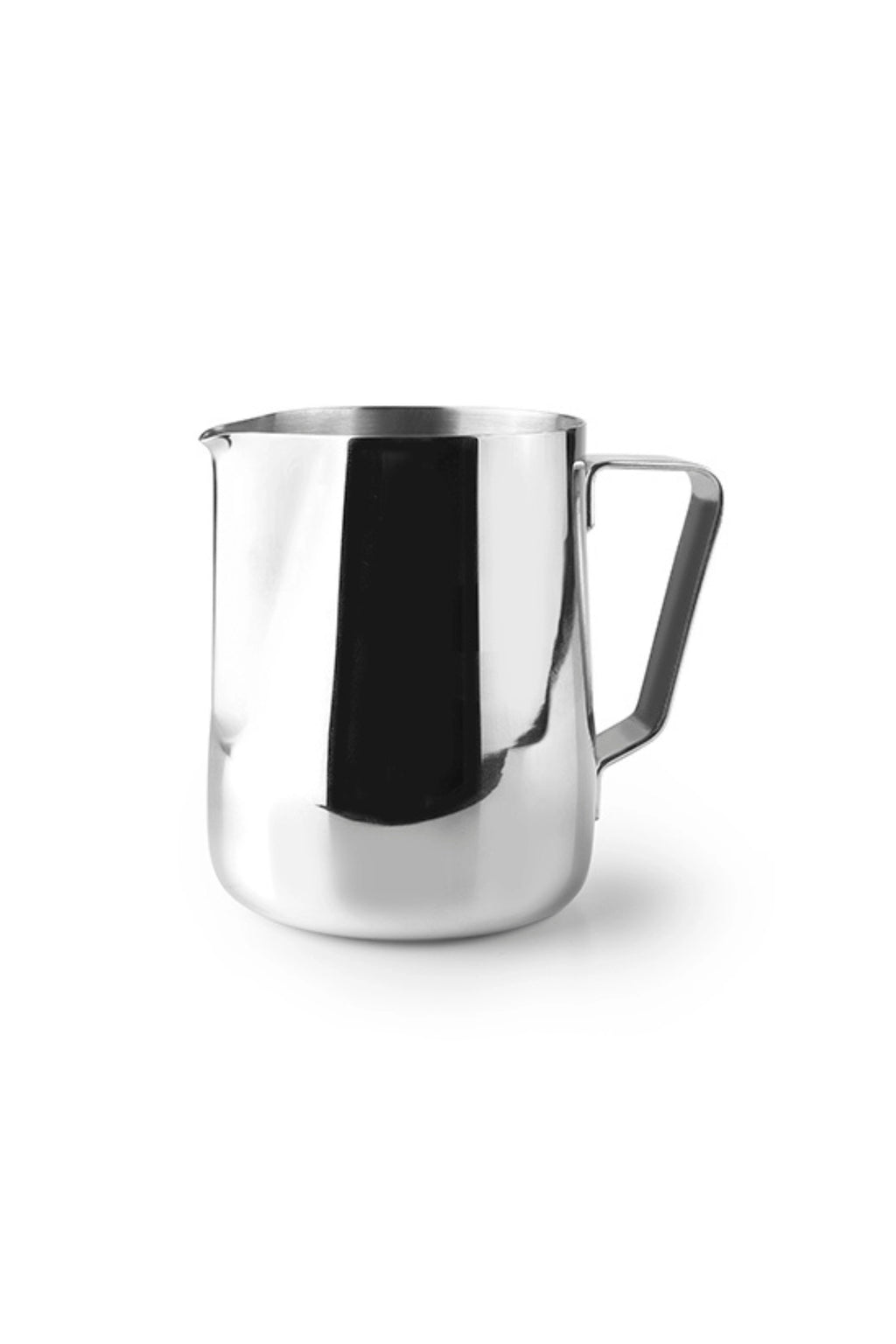 Ibili Stainless Steel Milk Pitcher, a sleek, polished silver stainless steel frothing pitcher featuring a classic cylindrical body, a comfortable ergonomic handle, and a precise pouring spout. This durable barista tool is essential for creating perfect latte art and steamed milk for home or professional coffee setups.