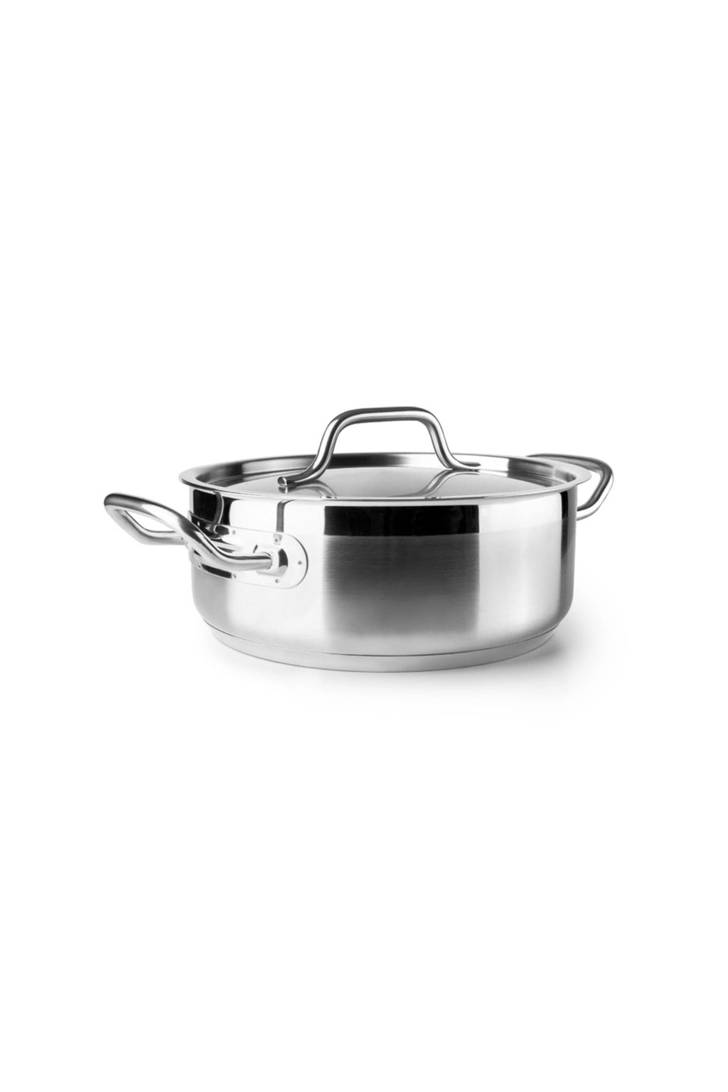 TCL Selects Stainless Steel Casserole, a sleek silver cooking pot crafted from durable brushed stainless steel with two sturdy loop handles and a clear glass lid featuring a matching stainless steel handle. This modern cookware is ideal for everyday cooking, braising, and stewing in any contemporary kitchen.
