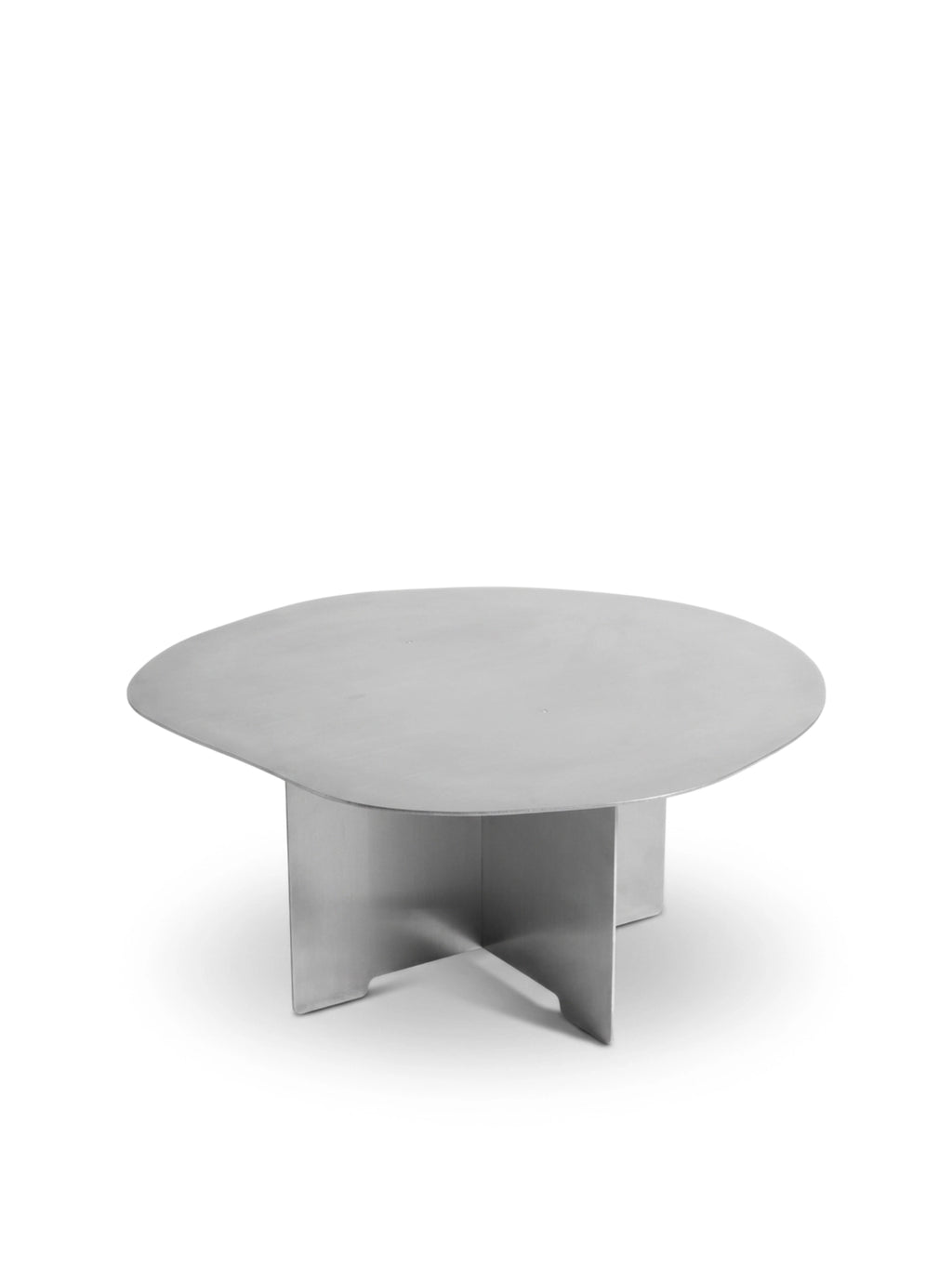 KØGE 1.0 Stainless Steel - Coffee Table (Short), a modern round coffee table with a unique irregular tabletop and a sturdy brushed steel X-shaped base. This durable and stylish accent table is perfect for contemporary living rooms and minimalist decor enthusiasts.