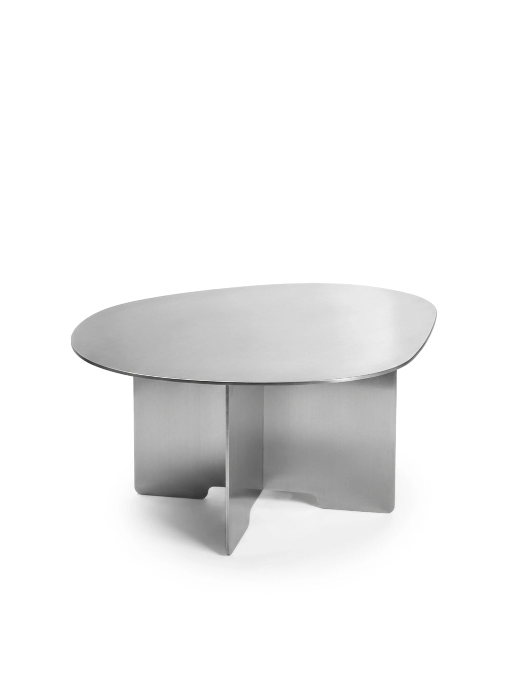 KØGE 1.0 Stainless Steel - Coffee Table (Tall), featuring a unique kidney-shaped top and a sturdy X-shaped base, all in a sleek, brushed stainless steel finish. This modern and elegant coffee table is perfect for adding contemporary style to any living room or lounge area.