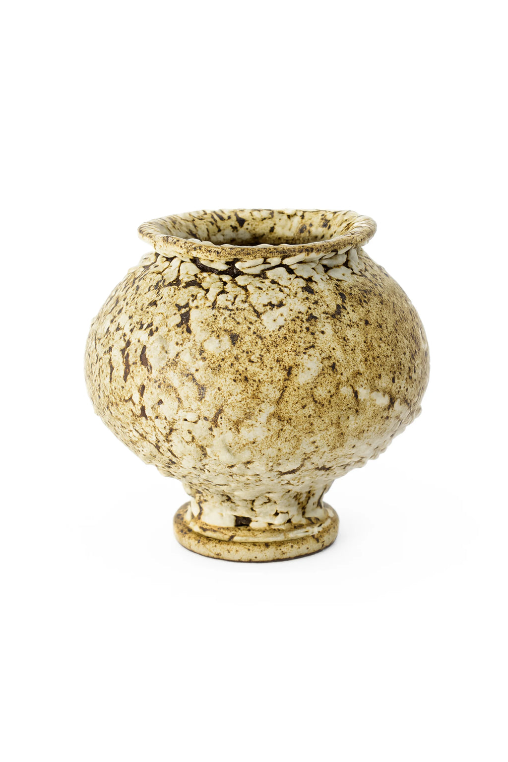 Canoa Lab Stamnos Limonita Vase, a full front view of the unique, rustic ceramic vase. It features a textured, earthy brown and off-white speckled pattern, a rounded body, and a flared, textured rim, displayed on a clean white background.