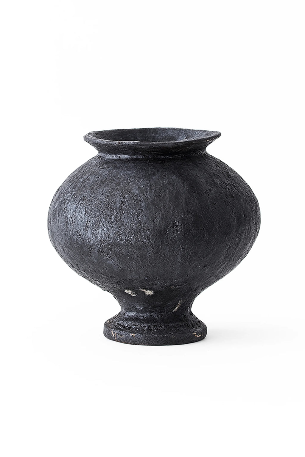 Canoa Lab Stamnos Vase, a modern, bulbous black ceramic vase with a textured, matte finish and a small, fluted opening, displayed on a clean white background.