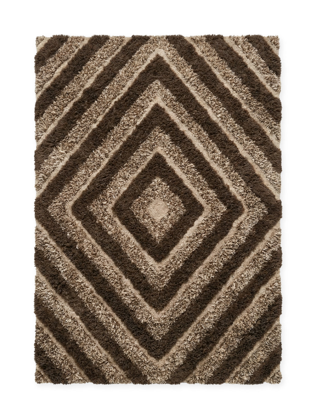 Tinted Objects Stenborg Wool Rug, a luxurious shaggy area rug featuring a modern diamond pattern in alternating bands of rich dark brown and light beige. This soft, durable wool rug adds warmth and contemporary style to any living room or bedroom.