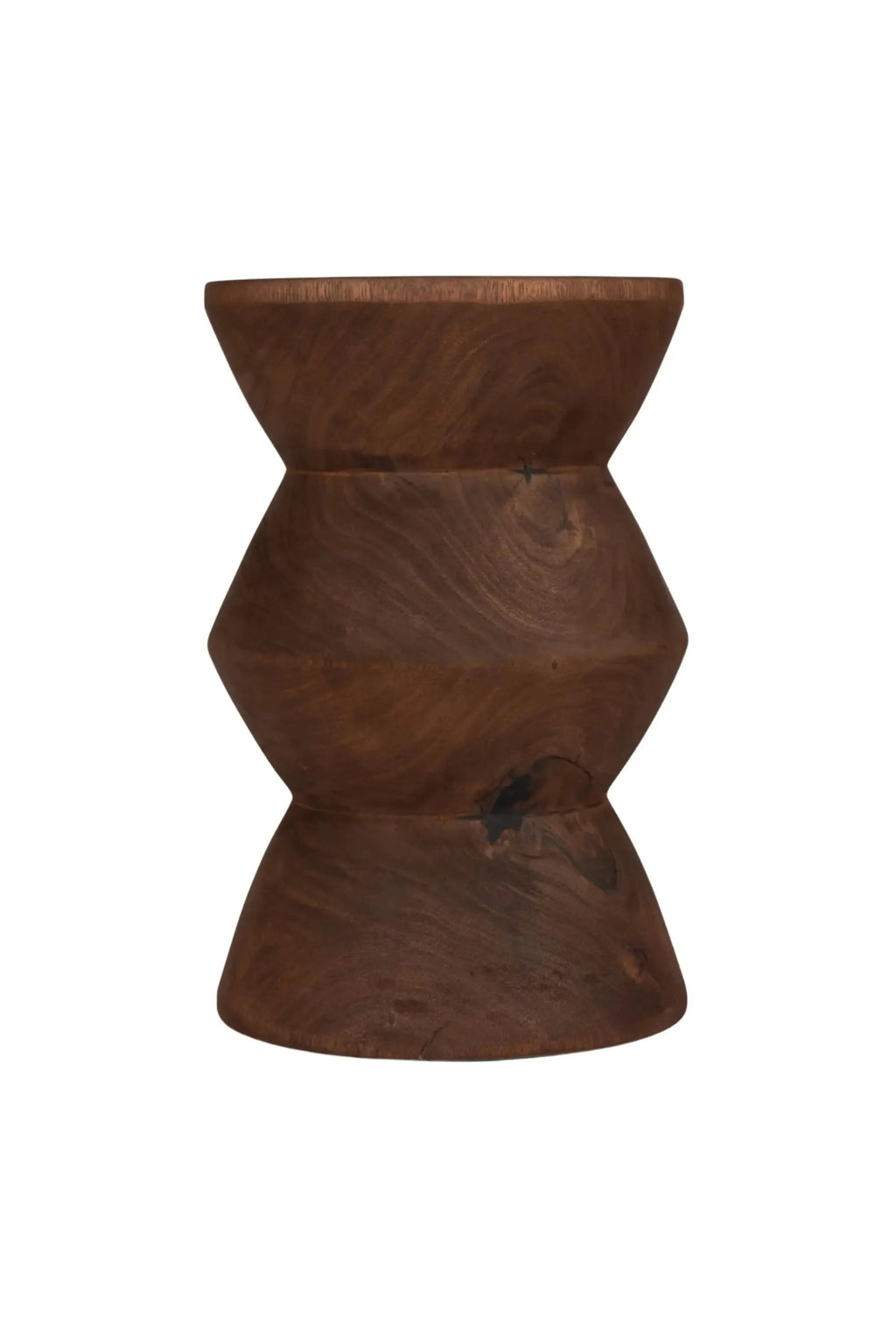 Detjer Stool S.A.S. 003, elegant dark brown solid wood stool with a unique hourglass shape and visible natural wood grain, showcasing artisanal craftsmanship. A stylish and versatile accent piece for modern and contemporary interiors.