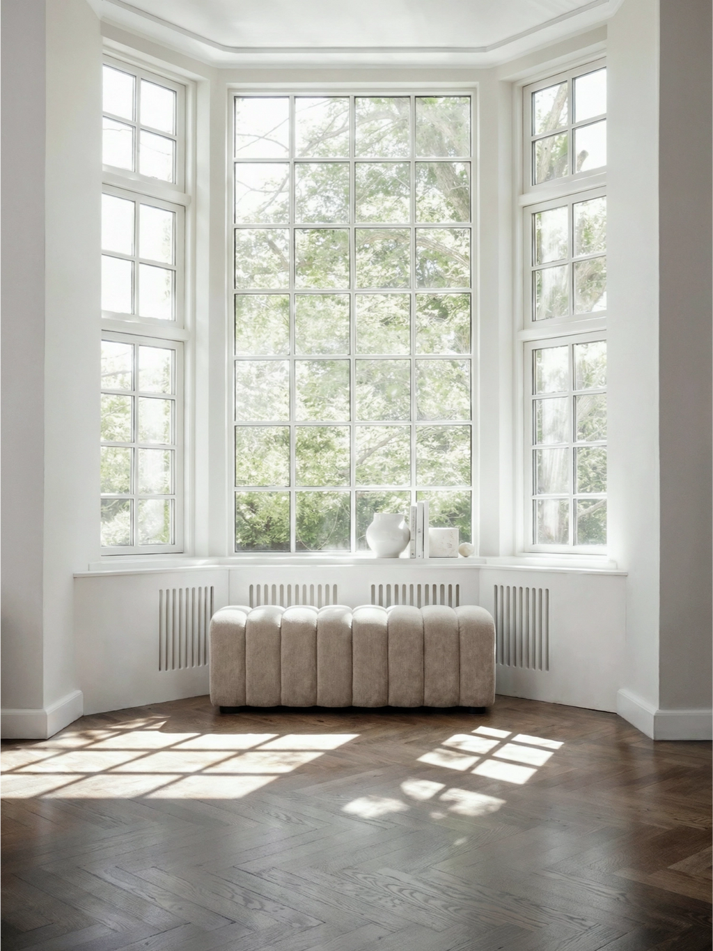 NORR11 Studio Bench in Mumble 026 fabric, a light beige, textured upholstery, positioned under a large bay window with natural light streaming in.