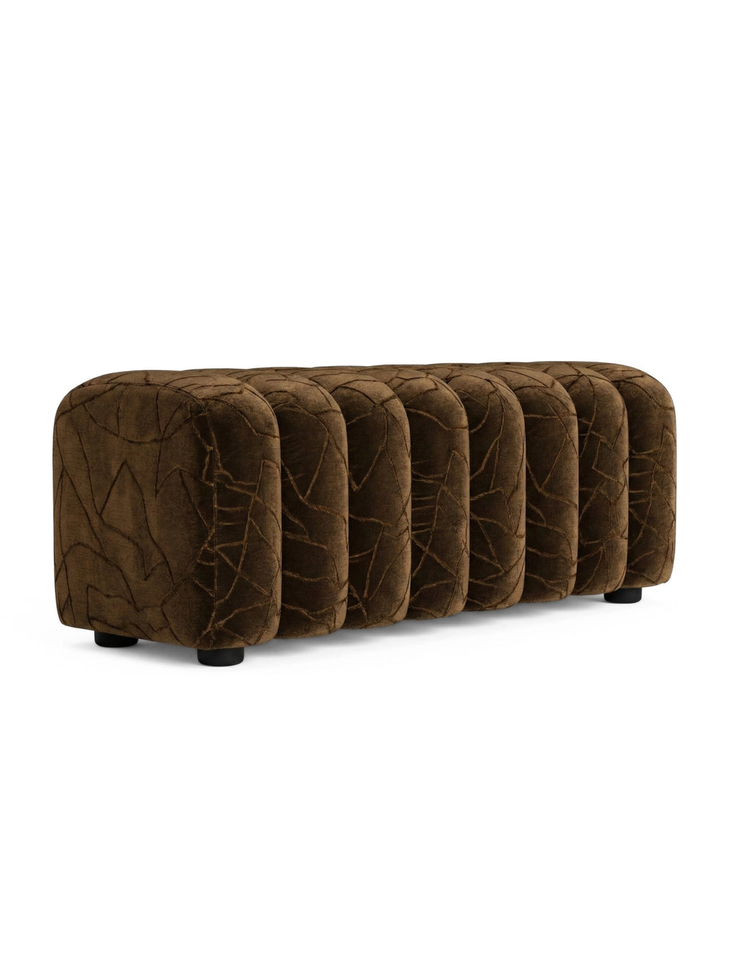 NORR11 Studio Bench in Script 001 fabric, a dark brown velvet with an intricate, abstract pattern and ribbed design, displayed on a white background.
