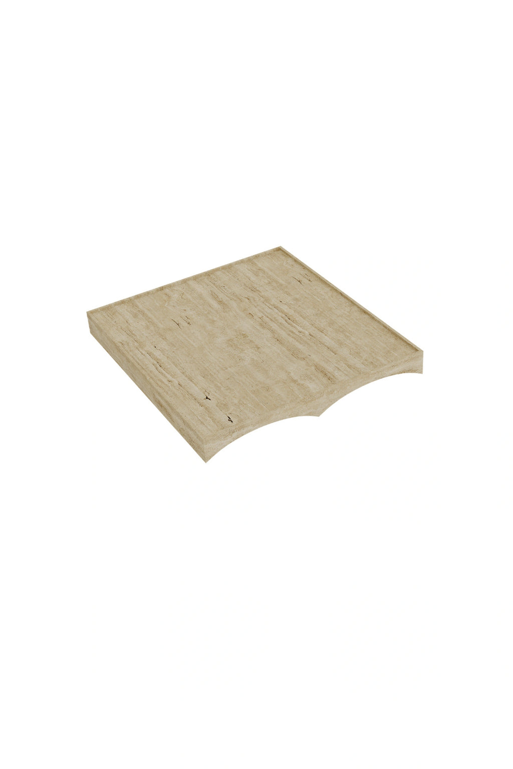 NORR11 Studio Tray, a modern minimalist tray crafted from natural beige travertine stone with a matte finish and subtle organic veining. It features a clean square silhouette with a distinctive curved cutout handle on one side and a raised lip. This sculptural stone tray is perfect for organic modern home decor, coffee table styling, or serving in contemporary living rooms.