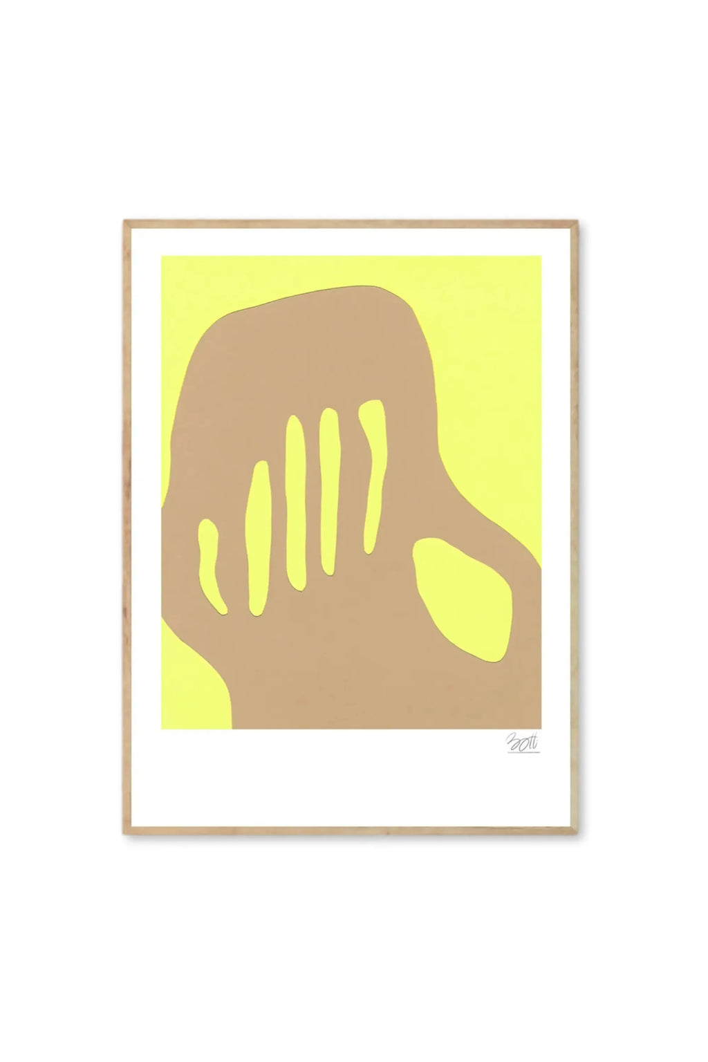 The Poster Club Summer in Marseille - Art Print, featuring an abstract shape resembling a hand in warm beige against a vibrant neon yellow background, framed in a light natural wood. This stylish modern art print is perfect for contemporary decor enthusiasts seeking a pop of color for their living space or office.