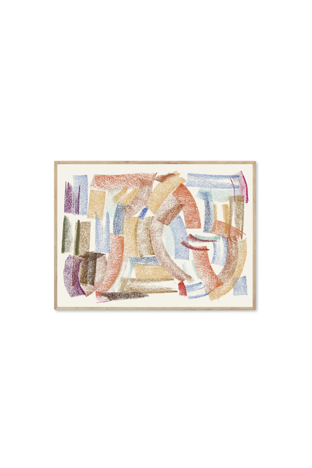 The Poster Club Sunset - Art Print, a vibrant abstract poster featuring textured crayon-like strokes in warm reds, oranges, yellows, cool blues, purples, and greens, presented in a sleek natural wood frame. This stylish framed art print is perfect for adding a modern aesthetic to any contemporary home or office space.