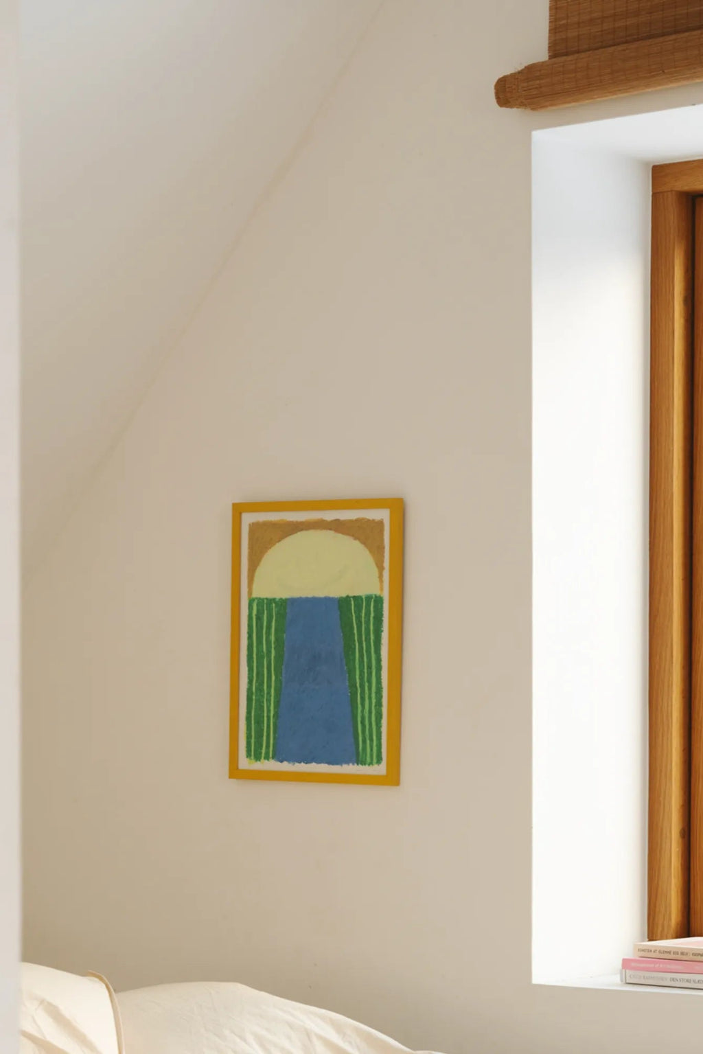 The Poster Club Giggly Gills, a playful abstract art print featuring a central blue path-like shape flanked by textured green vertical stripes, all beneath a soft yellow arch on a warm tan background,.