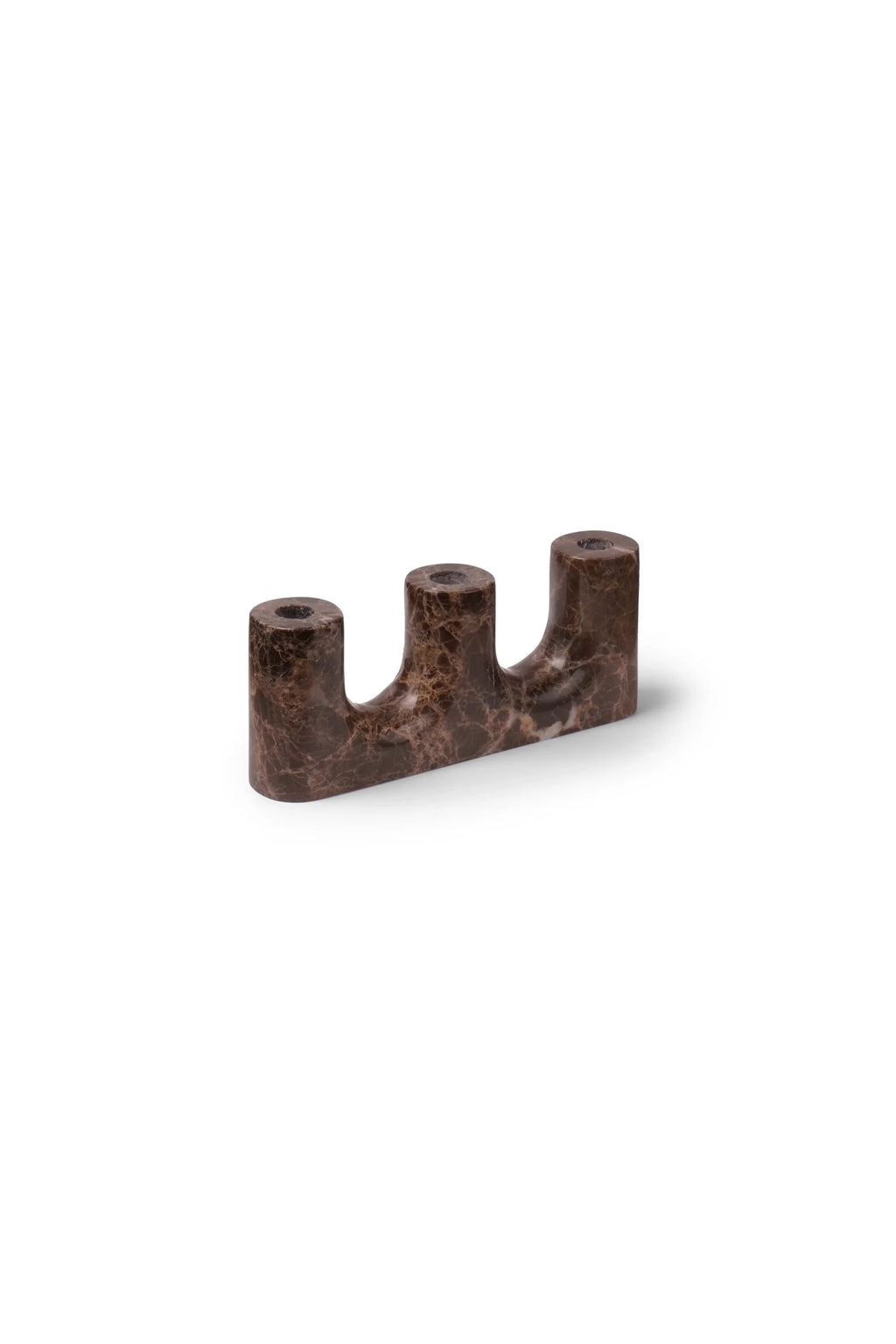 TAMO Trilo Candle Holder, a premium brown marble three-stem candelabra with unique natural veining, shown on a white background. Ideal for sophisticated home decor.