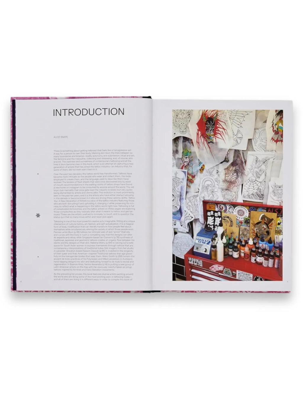 Book Tattoo You - A New Generation of Artists, open hardcover book showcasing an "INTRODUCTION" page on the left and a vibrant image of tattoo flash art and ink bottles on the right. This insightful book is an essential resource for tattoo enthusiasts, artists, and those interested in modern art and culture.