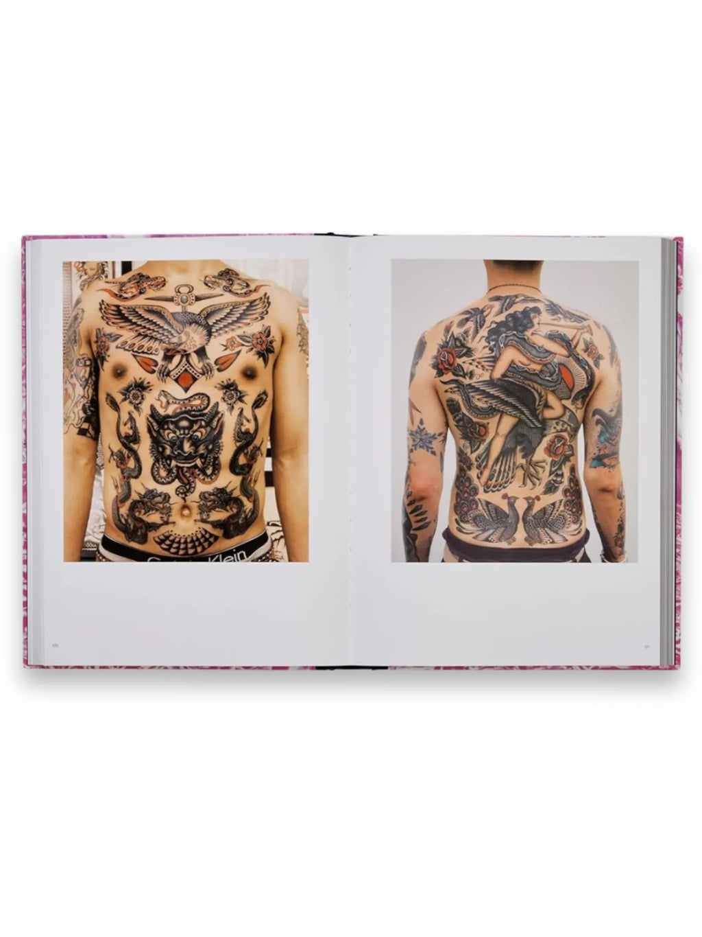 Book Tattoo You - A New Generation of Artists, an open book displaying two full-page, vibrant photos of heavily tattooed torsos with traditional American and Japanese style designs. This inspiring tattoo art book is perfect for tattoo enthusiasts, artists, and collectors seeking new inspiration and insights into contemporary tattoo culture.