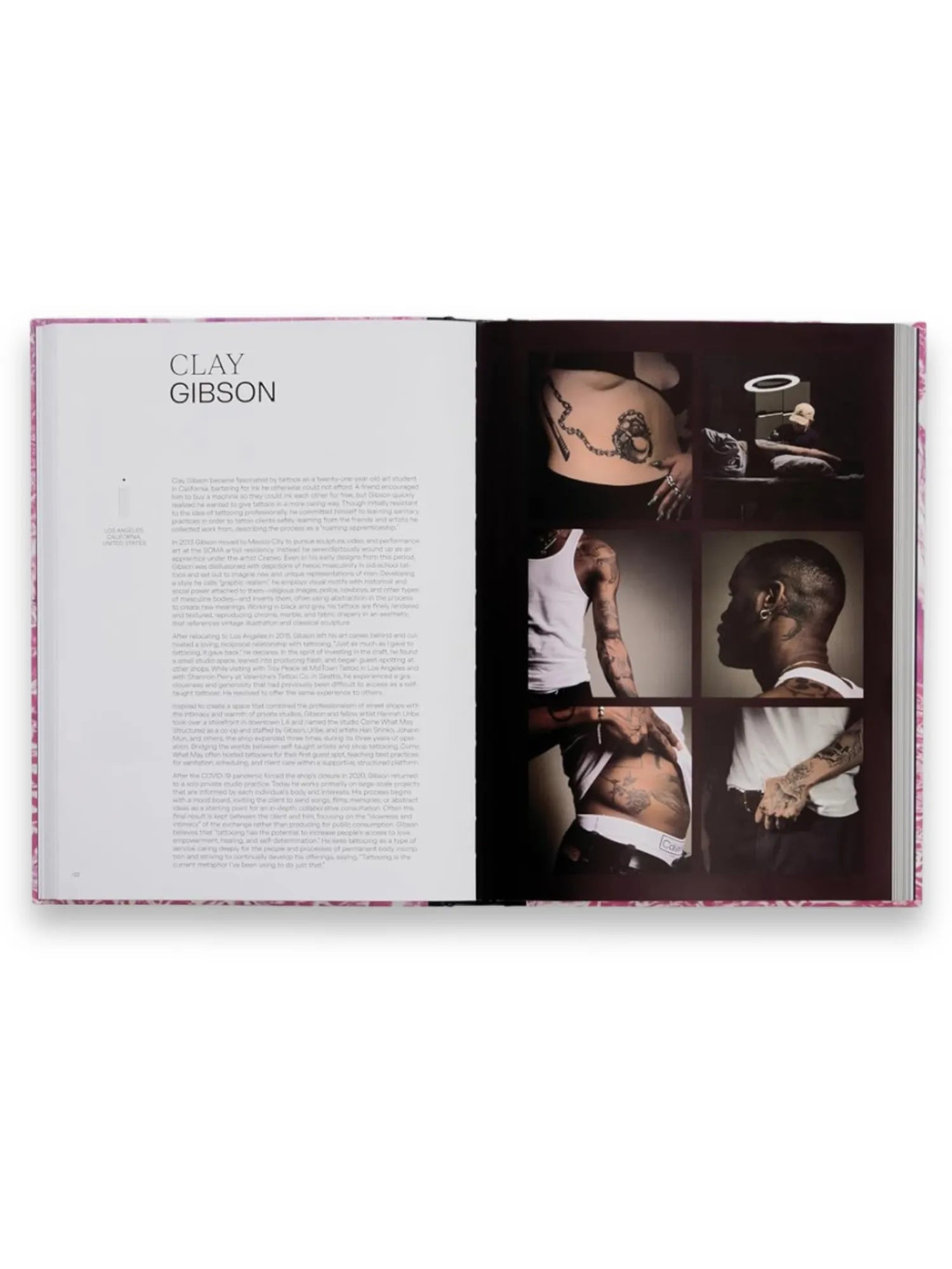 Book Tattoo You - A New Generation of Artists, showcasing an open spread with "Clay Gibson" in bold black text on the left page and a grid of six high-contrast, artistic tattoo photography on the right. This insightful book explores the artistry and culture of modern tattooing, perfect for tattoo enthusiasts, art collectors, and those interested in contemporary body art.