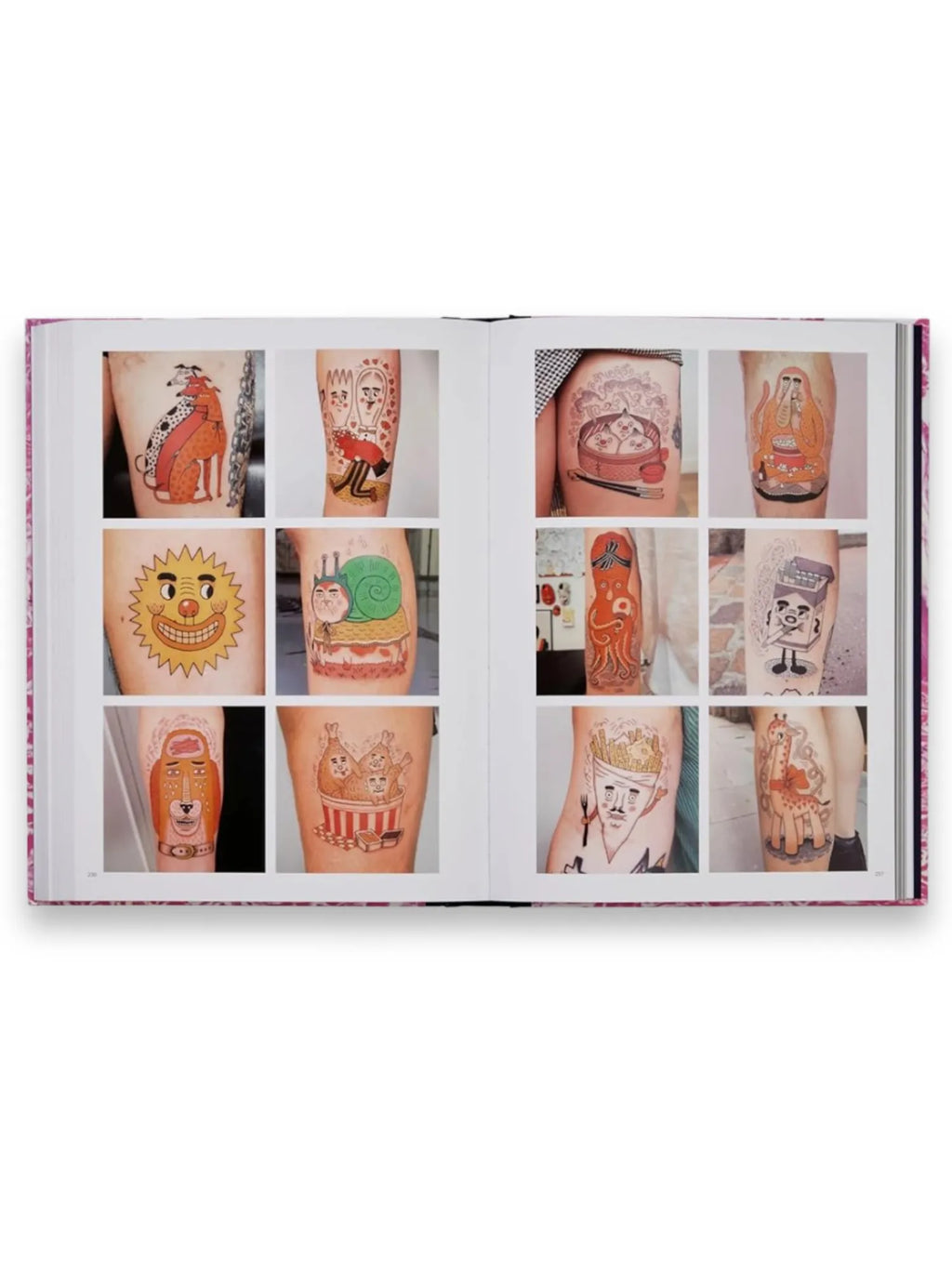 Book Tattoo You - A New Generation of Artists, an open hardcover book displaying colorful, quirky, and illustrative tattoo designs on various skin tones across multiple pages. This inspiring art book is perfect for tattoo enthusiasts, artists, and those seeking unique tattoo ideas.