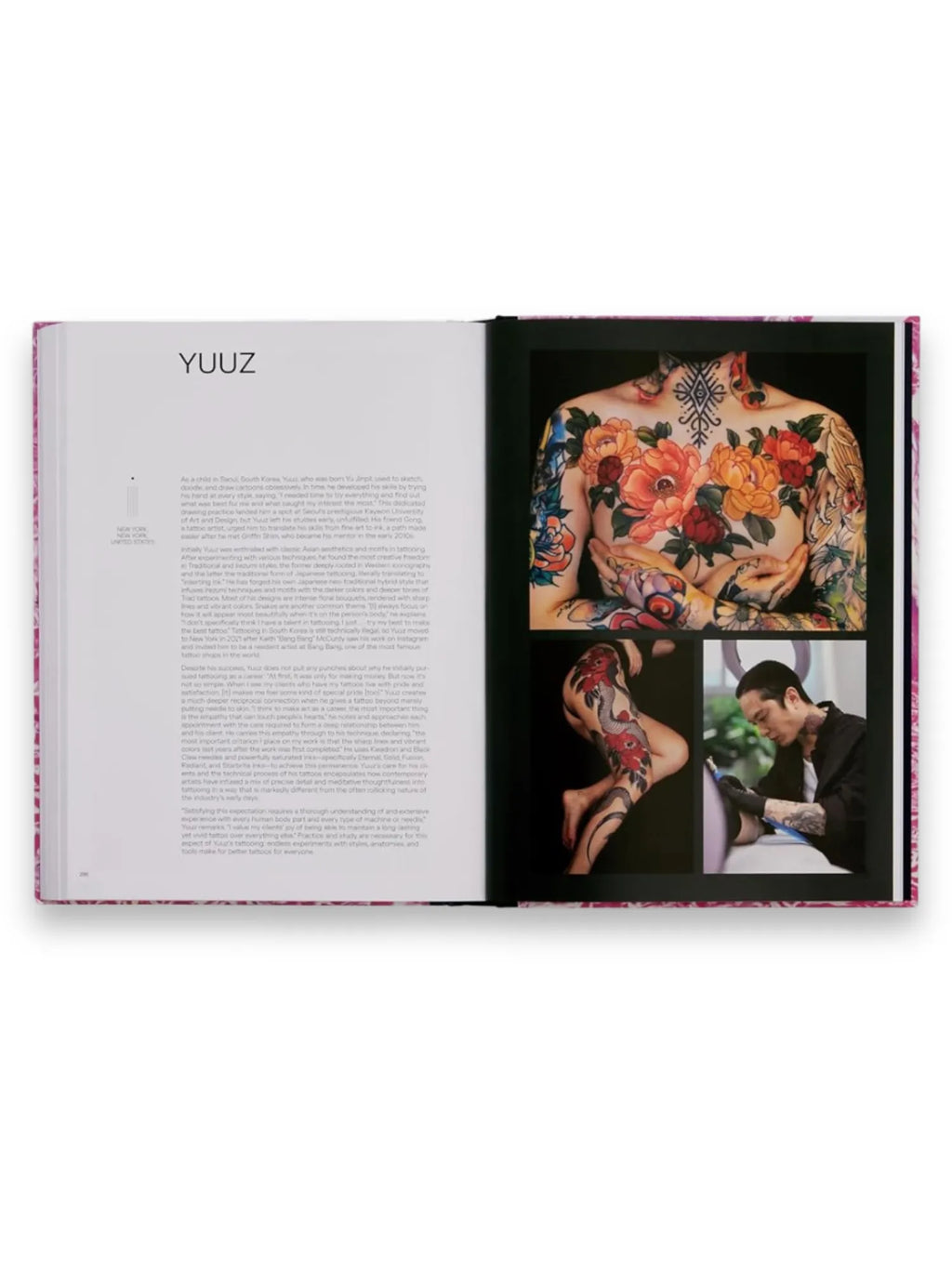 Book Tattoo You - A New Generation of Artists, an open hardcover book displaying a vibrant full-page image of a person's chest covered in colorful, detailed floral tattoos, alongside smaller images of a tattooed leg and a tattoo artist at work. This inspiring art book is perfect for tattoo enthusiasts, artists, and anyone interested in modern tattoo culture and design.